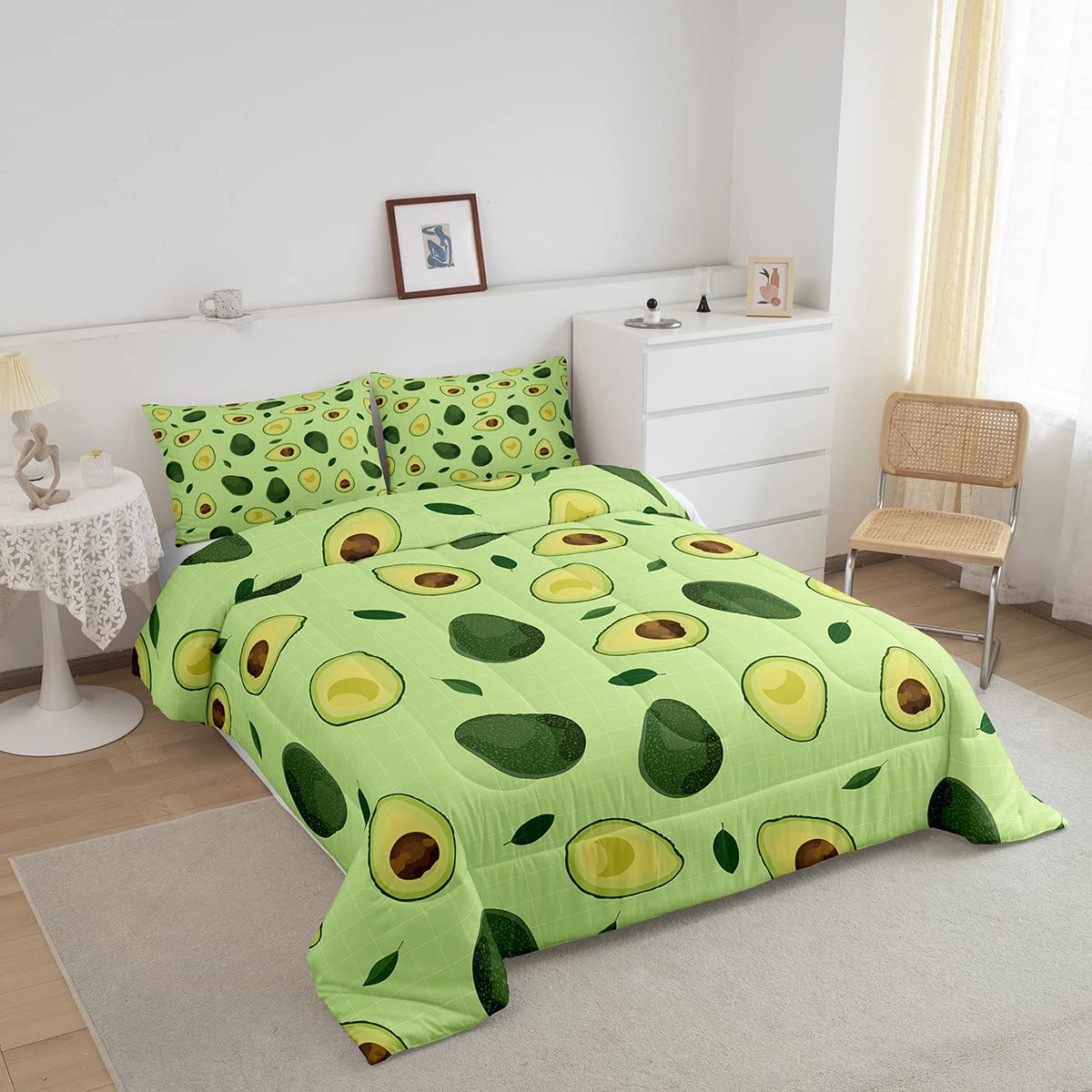 Manfei Fruits Theme Comforter Set Twin Size, Green Avocado Bedding Set 2pcs for Kids Boys Girls Room Decor, Plaid Grid Print Quilt Set with 1 Pillowcase