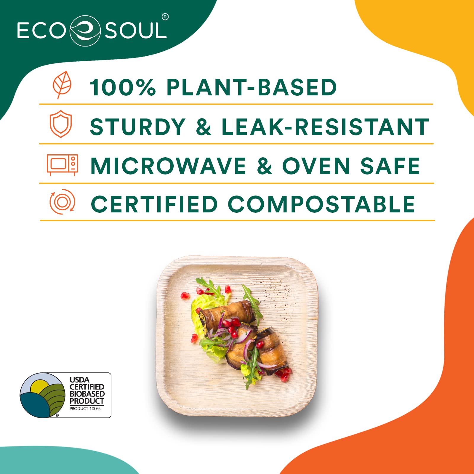 ECO SOUL Compostable 6 Inch Small Palm Leaf Round Plates (100, 6" Square Plates)