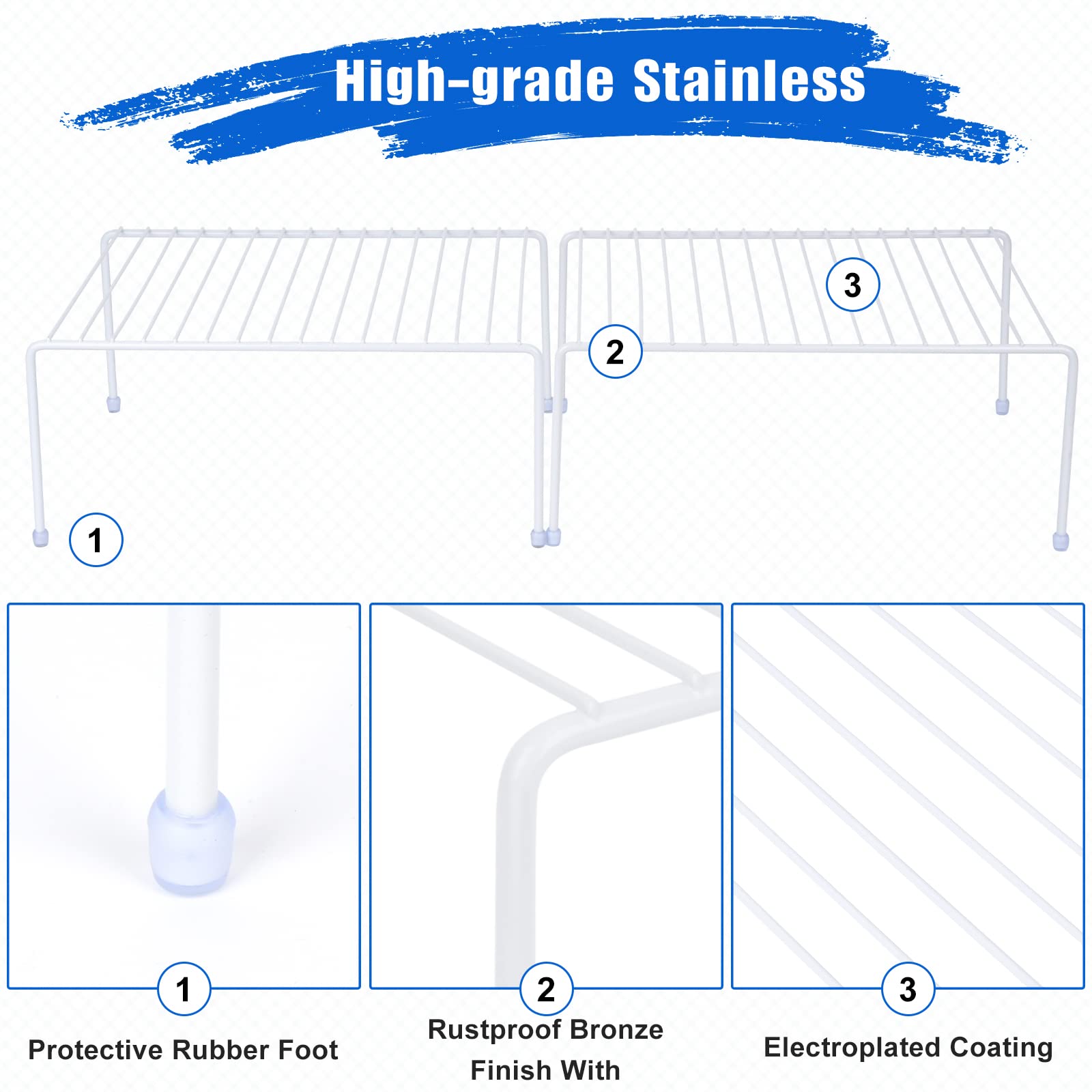 Kitchen Cabinet Storage Shelf Rack/Plastic Feet - (13.1 x 10.2 Inch) - Steel Metal - Rust Resistant Finish - Cups, Dishes, Cabinet & Pantry Organization (2, White)