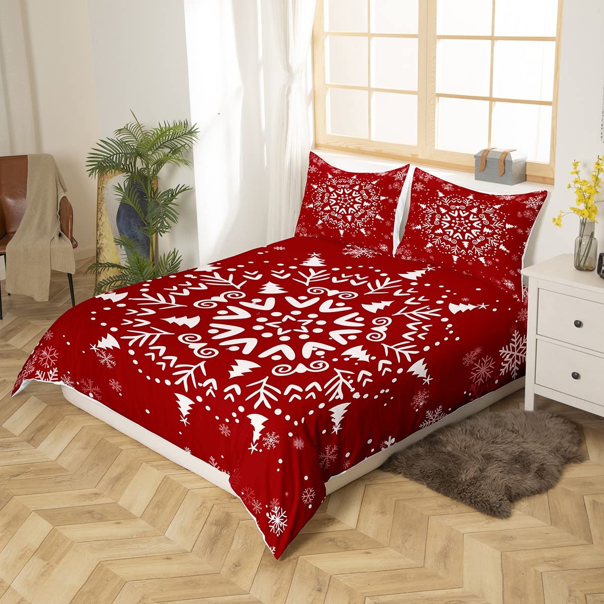 Red Abstract Snowflake Duvet Cover King Size,Merry Christmas Style Bedding Set 3pcs for Child Girls Boys Room Decor,New Year Gift Comforter Cover Retro Exotic Pattern Quilt Cover,2 Pillowcases