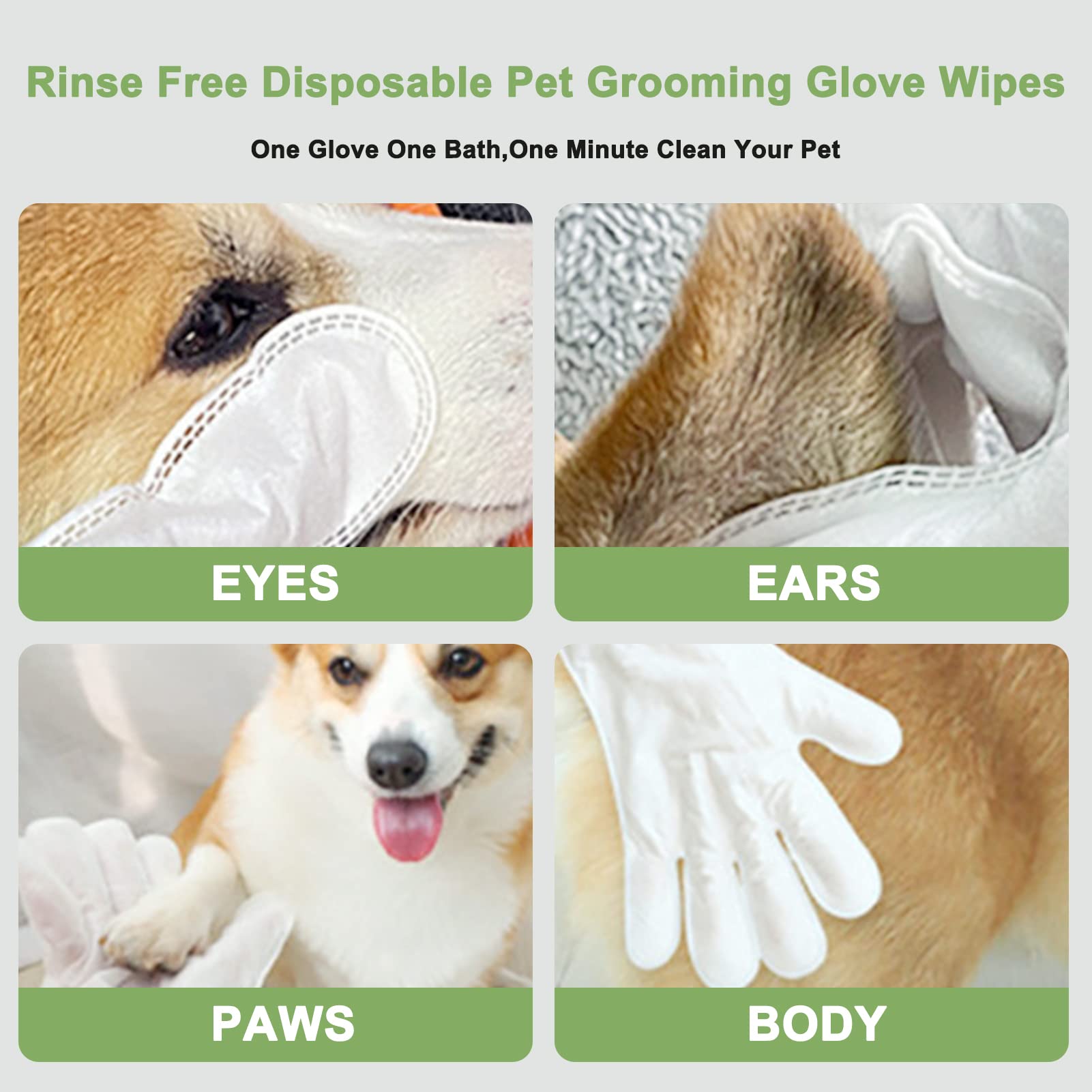 Pet Grooming Glove Wipes, 6pcs Rinse Free Cleaning Deodorizing Dog Cat Wipes for Face, Ear, Eye, Paws, Disposable Plant-Based Dog Bath Wipes, Hypoallergenic Cat Dog Cleaning Gloves Grooming Supplies