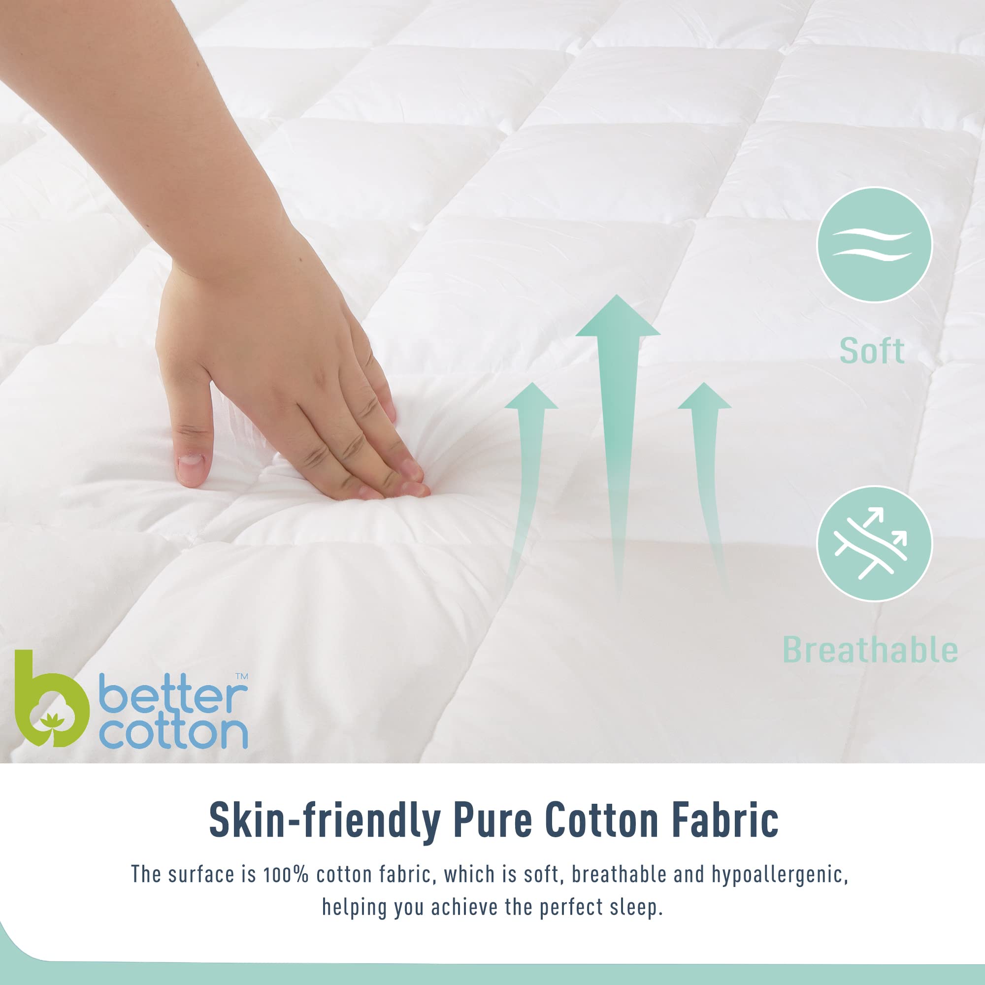 HOMTEC Queen Mattress Pad Cotton Mattress Pad Cover Quilted Mattress Cover 18-22" Deep Pocket Mattress Protector Queen Size Thin Down Alternative Filling Noiseless & Breathable White