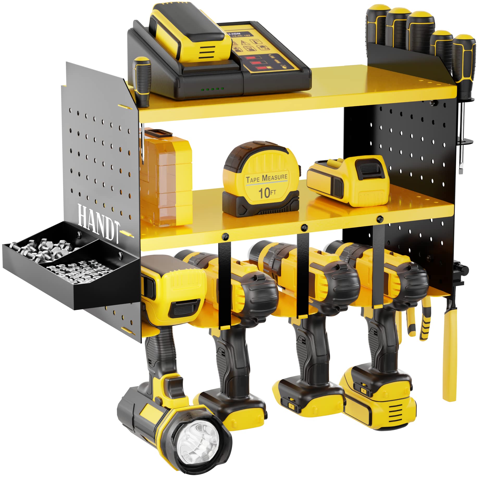 HANDT Power Tool Organizer, Wall Mount Drill Holder Garage Storage Rack, Pegboard Screwdriver Holder with Magnet Bar & Organization Bin, Cordless Drill Battery Charging Station Utility Shelf, Yellow