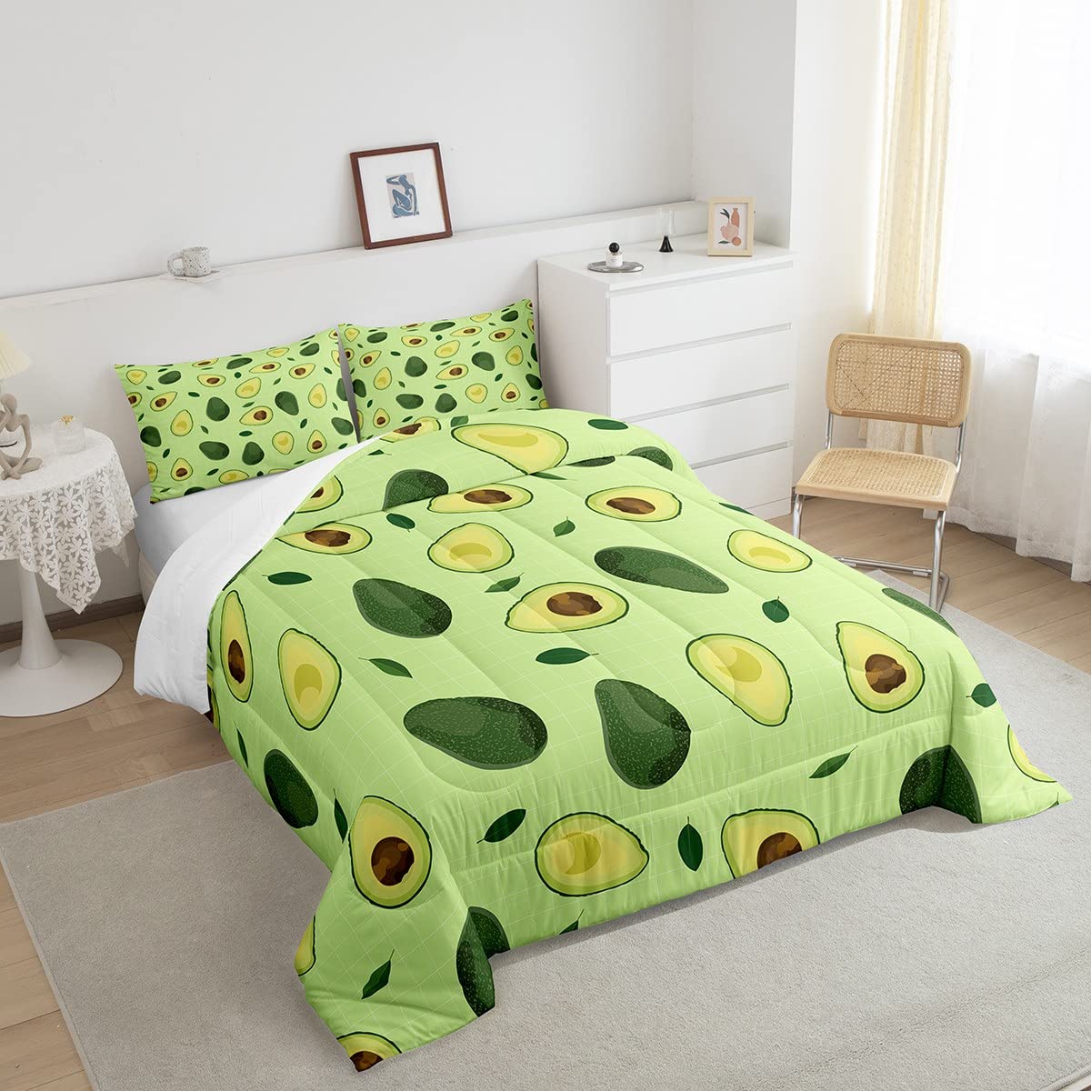 Manfei Fruits Theme Comforter Set Twin Size, Green Avocado Bedding Set 2pcs for Kids Boys Girls Room Decor, Plaid Grid Print Quilt Set with 1 Pillowcase