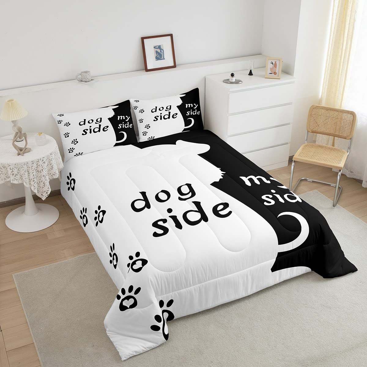 Erosebridal Dog Side and My Side Comforter Set King Size for Couple Women Girls Romantic Theme Bedding Black White Cute Dog Duvet Insert Teens Kids Kawaii Puppy Quilt Bedroom Decor Bedding