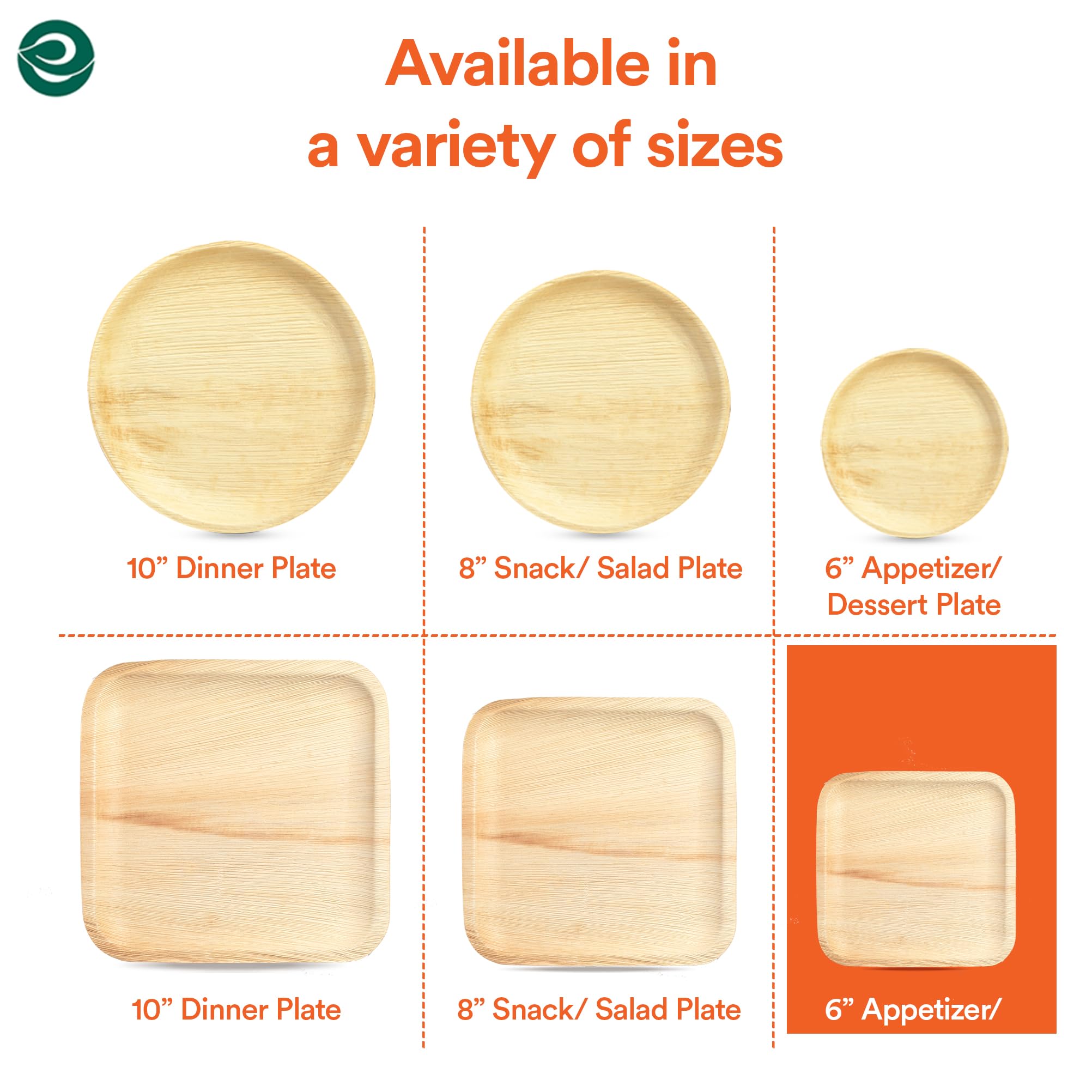 ECO SOUL Compostable 6 Inch Small Palm Leaf Round Plates (50, 6" Square Plates)