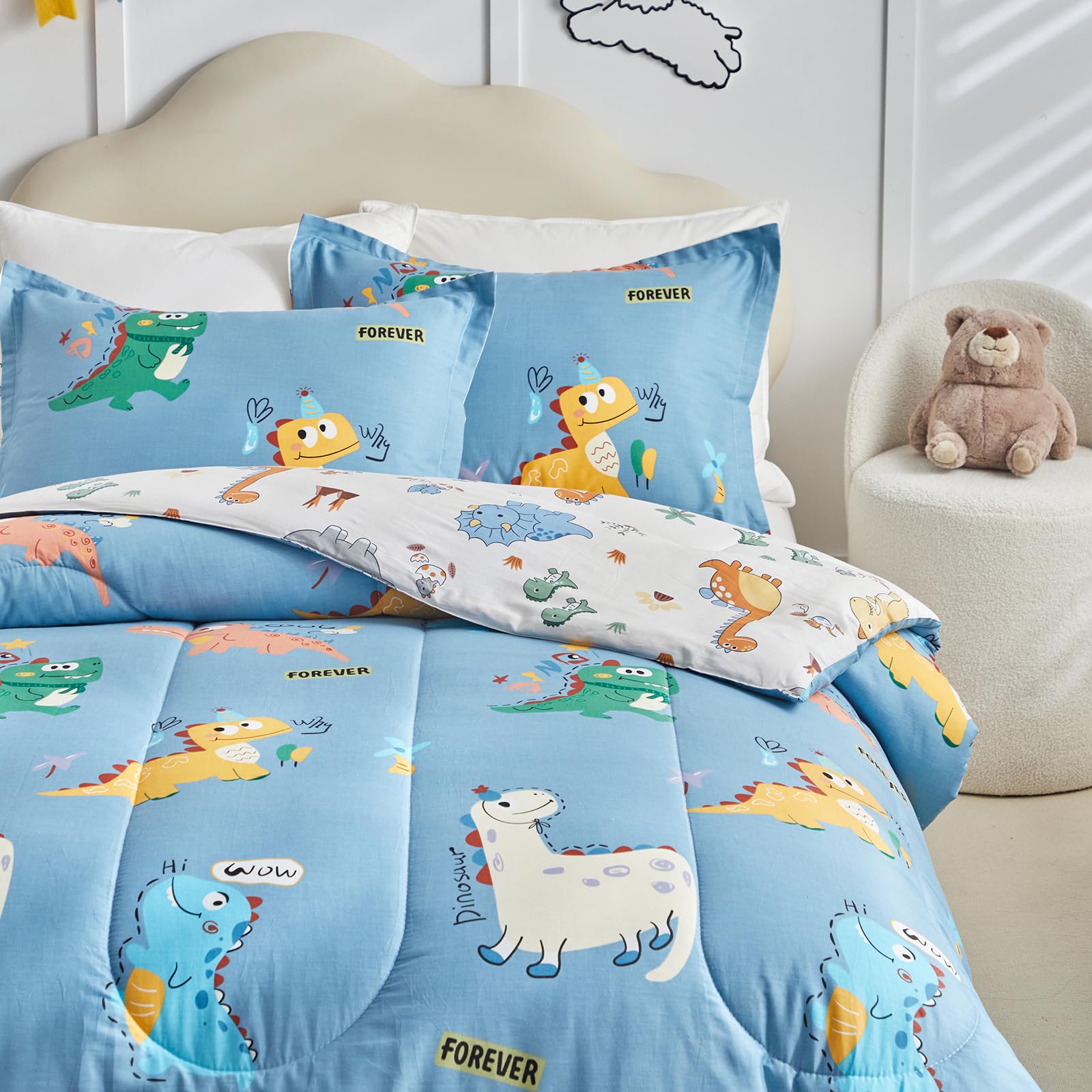 Kids Cotton Comforter Set for Boys Girls Reversible Car Bus Style White 3 PC Bedding Set with Blue Yellow Green Cars Colorful Teens Comforter with Pillow Shams Full Queen 88x88