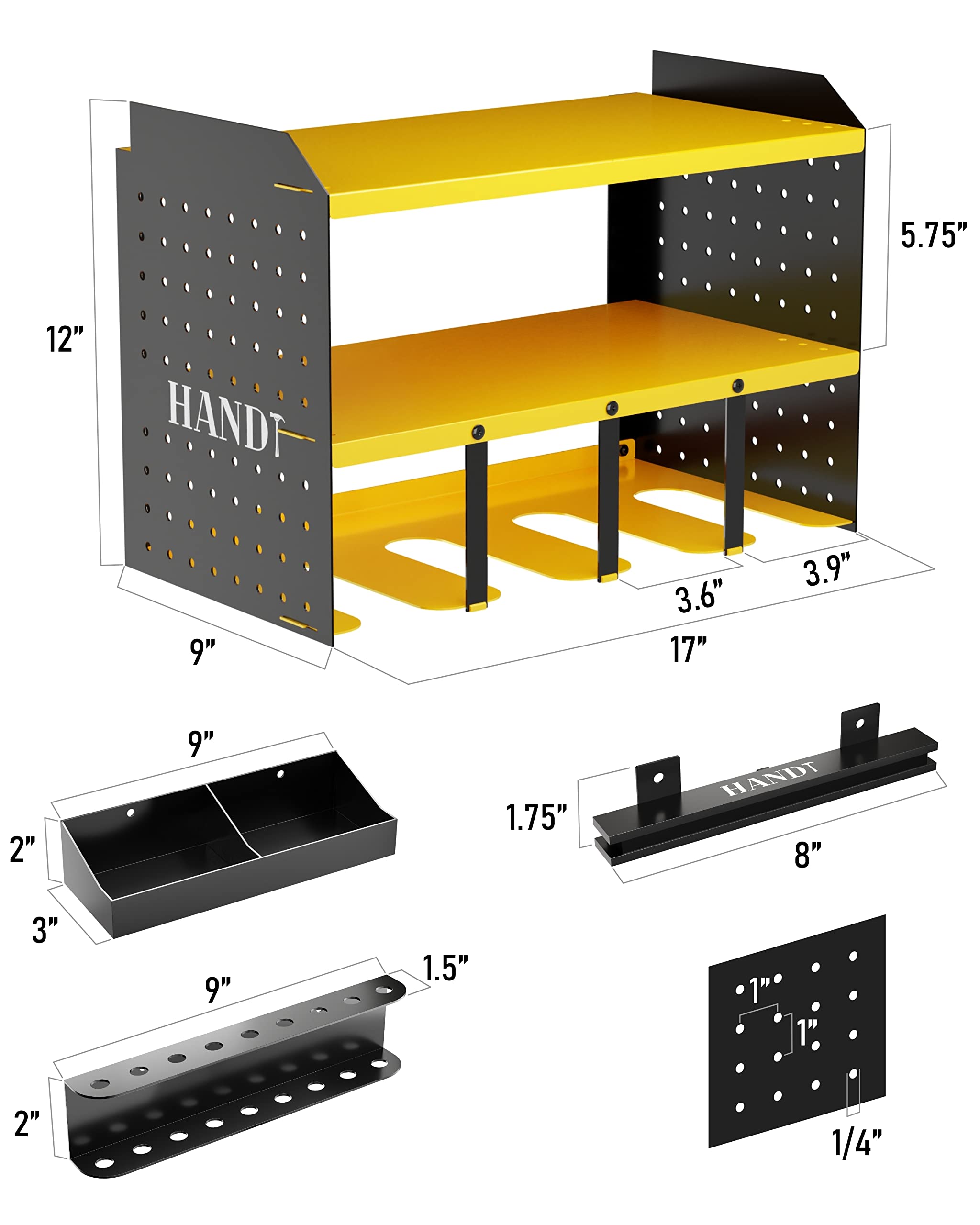 HANDT Power Tool Organizer, Wall Mount Drill Holder Garage Storage Rack, Pegboard Screwdriver Holder with Magnet Bar & Organization Bin, Cordless Drill Battery Charging Station Utility Shelf, Yellow