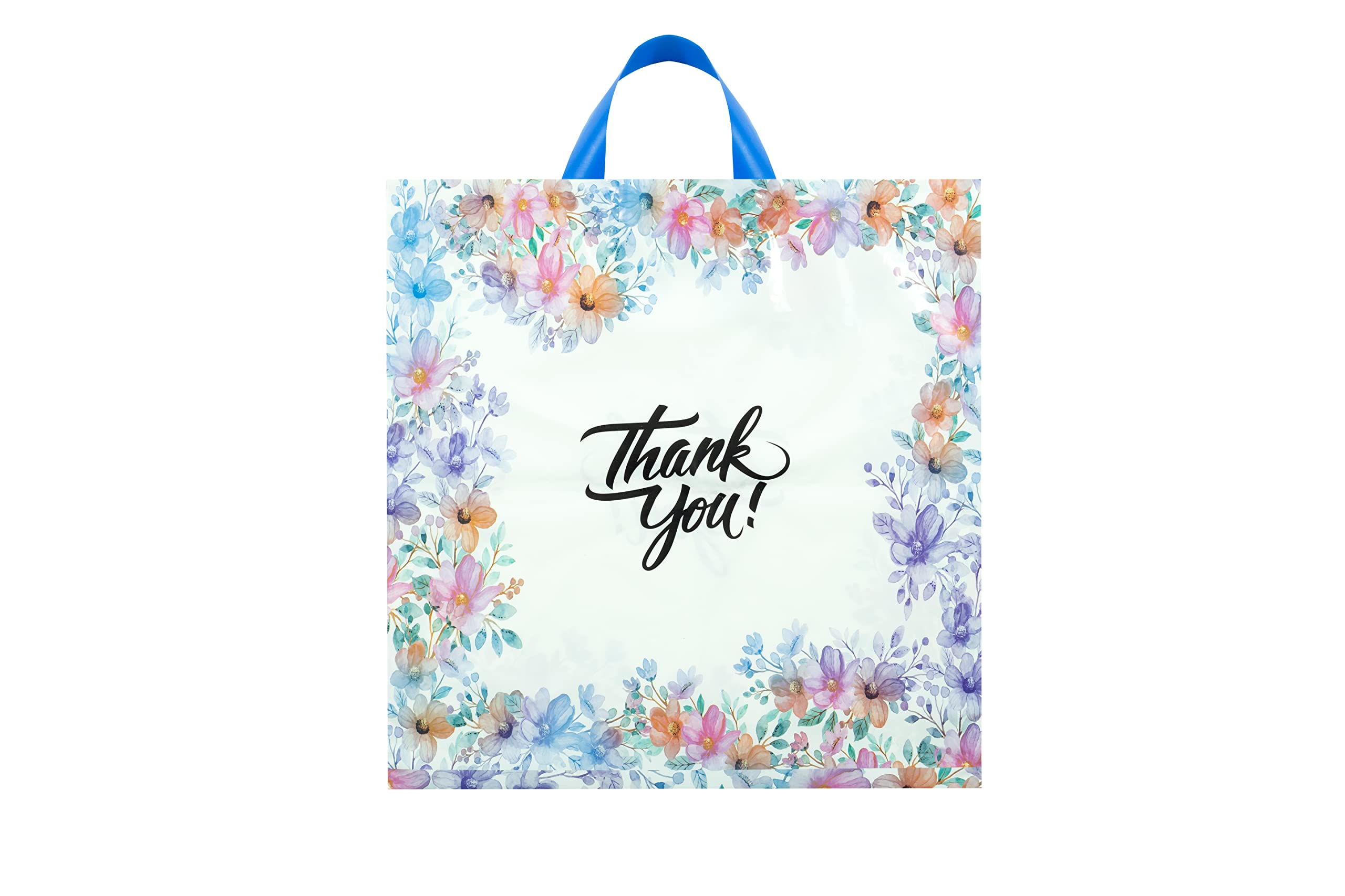 Infinite Pack 18" x18"(100pcs) Floral Thank You Bag with Soft Loop Handle & Bottom Gusset - 2.35 Mil Thick Plastic Merchandise Shopping Bag for Goodies, Clothing, Shower Gift, Retail Boutique Bags