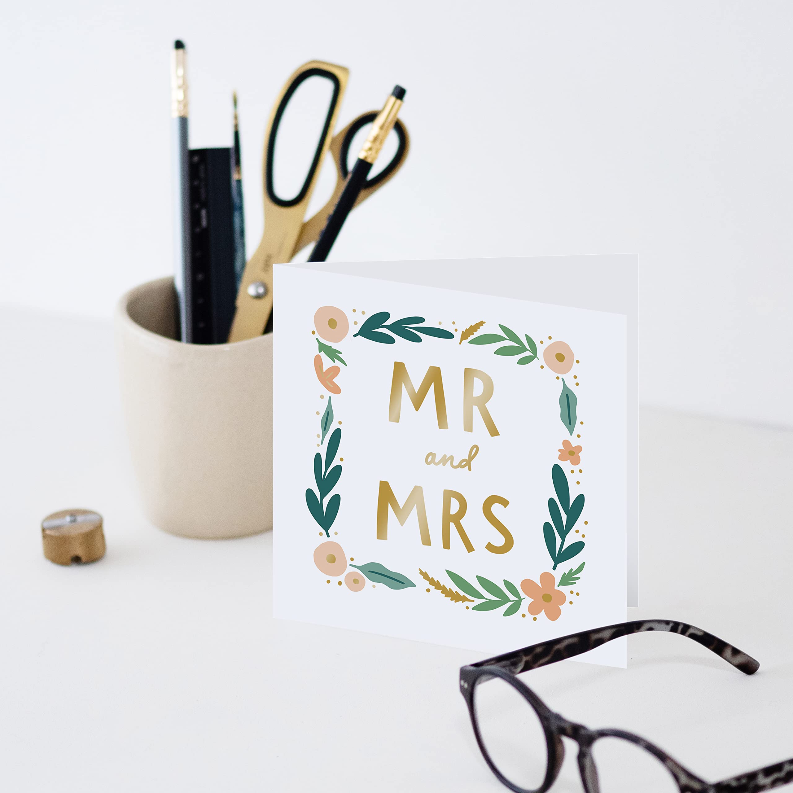 Old English Co. Floral Wreath Mr and Mrs Card - Pastel Gold Foil Wedding Card For Bride and Groom | Engagement For Happy Couple on Big Day | Blank Inside & Envelope Included (Mr and Mrs)