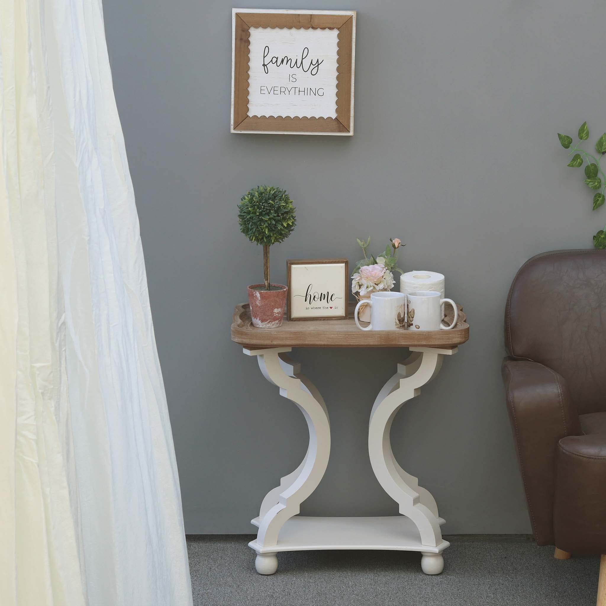 Farmhouse Accent Tables, Wood Side Table with Tray Top and Carved Concave Legs, Rustic Coffee Table for Living Room, Bedroom, Dining Room, French Country Furniture, White