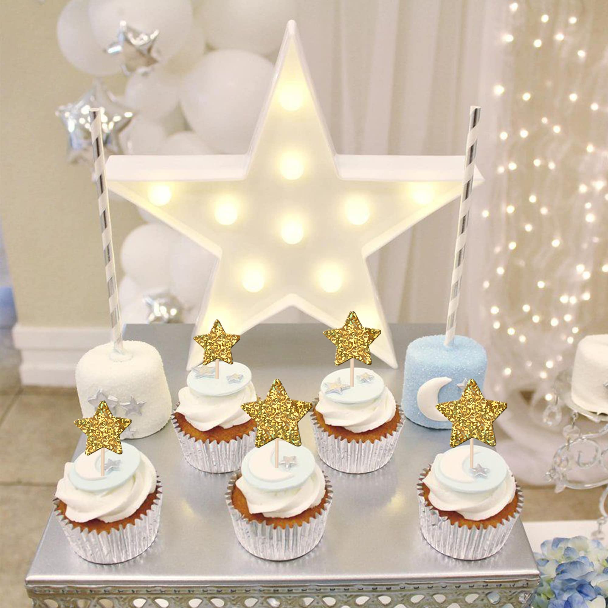 30 PCS Gold Little Star Cupcake Toppers Glitter Twinkle Star Cupcake Picks Baby Shower Cake Decorations for Wedding Engagement Bridal Shower Kids Birthday Party Supplies Mixed Size