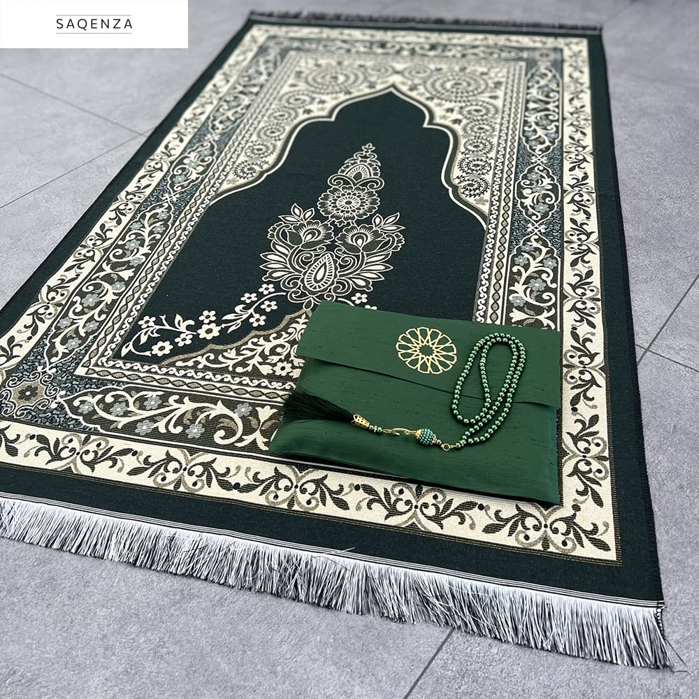 SAQENZA Muslim Prayer Rug - Prayer Mat with Travel Bag, Prayer Beads - Muslim Gifts - Ramadan Gifts for Men, Women and Kids - Islamic Gifts (Green-2)