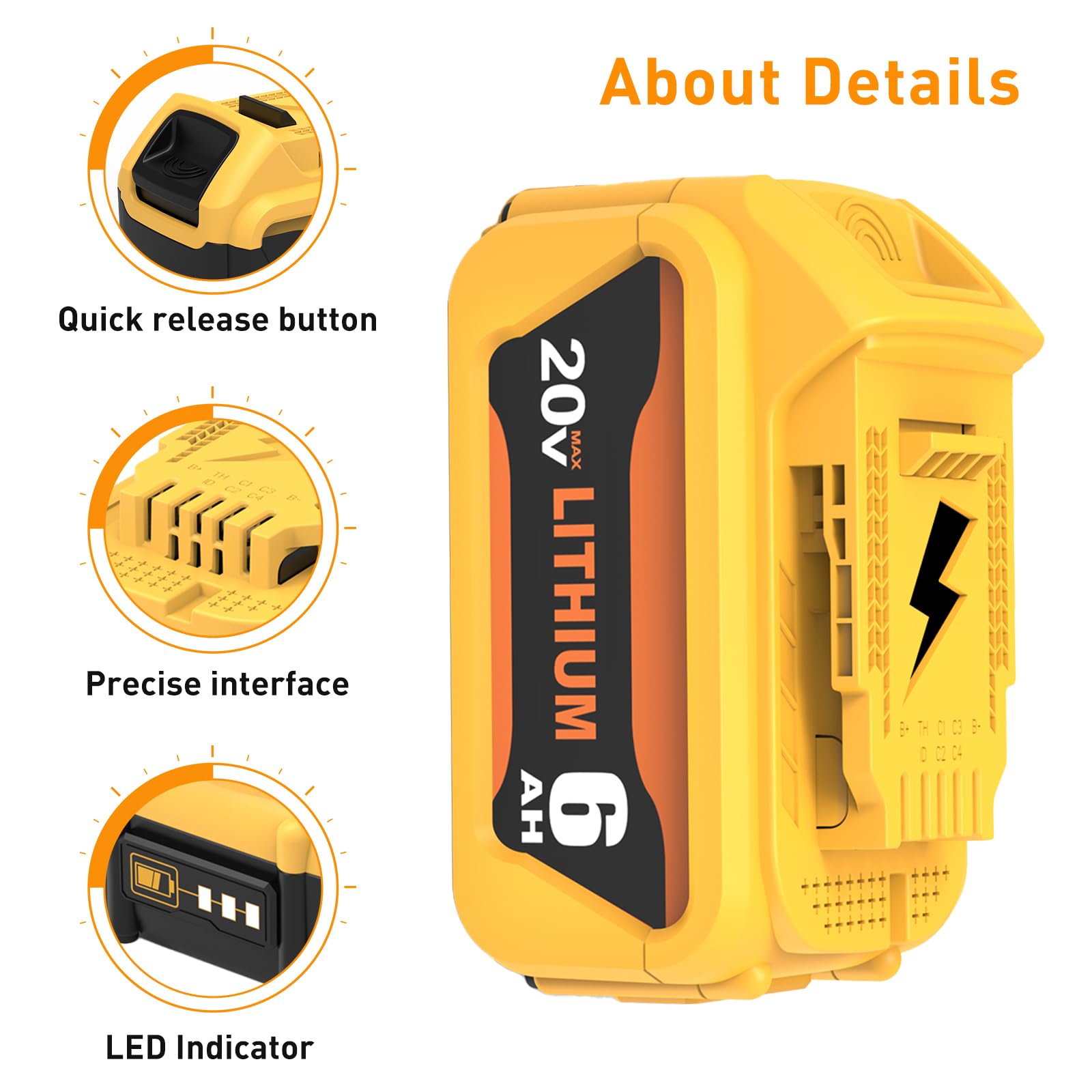 Zuliati 2PC DCB206 6.0Ah Battery Replacement for Dewalt 20V Battery DCB203 DCB206-2 DCB201 DCB204 Compatible with Dewalt 20 Volt Battery DCD985B DCD771C2 DCS355D1 Power Tools(Yellow)