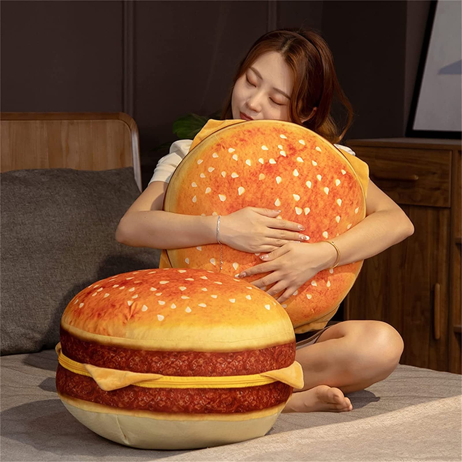 LAUPVXA Large 3D Simulation Hamburger Pillow, Funny Plush Cheese Burger Pillow, Cartoon Creative Food Pillow, Soft Stuffed Hamburger Plush Toy Back Cushion Home Decor Gifts (C)