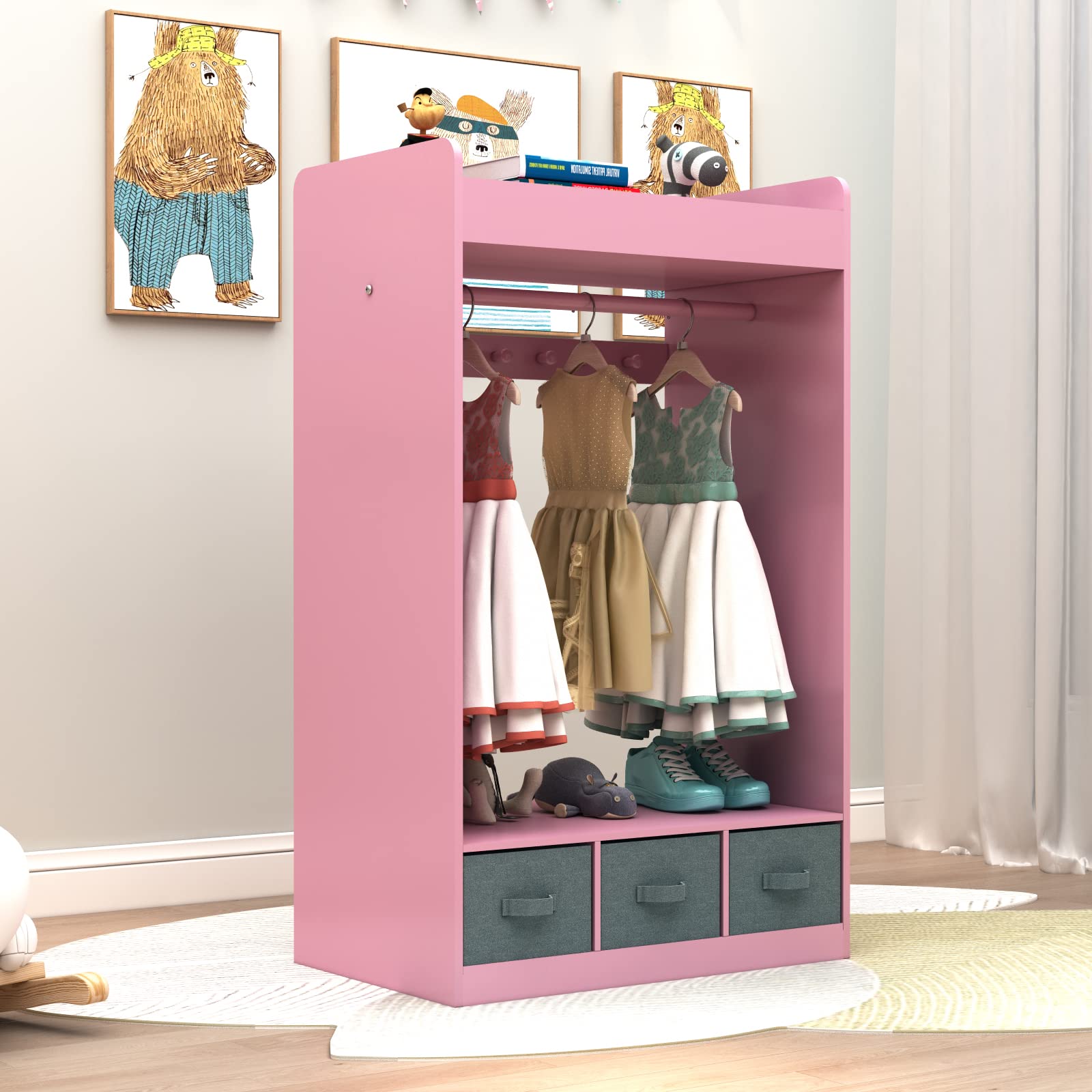 Guangshuohui Costume Organizer,Costume Rack, Dress up Storage with Mirror and Storage Bin,Open Hanging Play Armoire Dresser with Mirror,Pretend Storage Closet for,Costume Storage Dresser-Pink