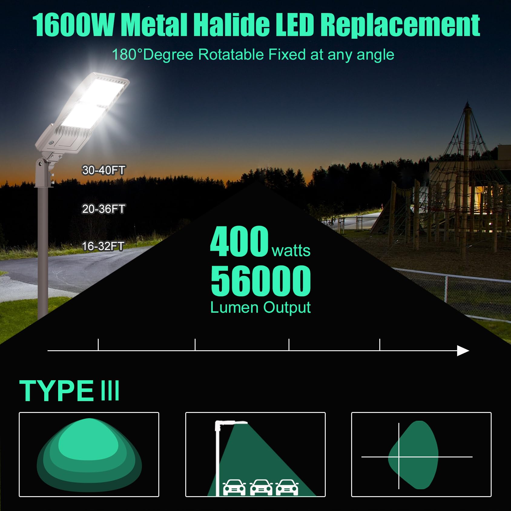 400W LED Parking Lot Light 56000 Lumen, Parking lot Flood Lights 400W Slip Fitter, Street Area Light UL DLC IP65 5000K Waterproof 100-277VAC Input , Stadium Lights Outdoor LED, LED Pole Light Outdoor