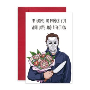 leinessy michael myers halloween card for him her, horror movie theme anniversary card, murder you with love and affection