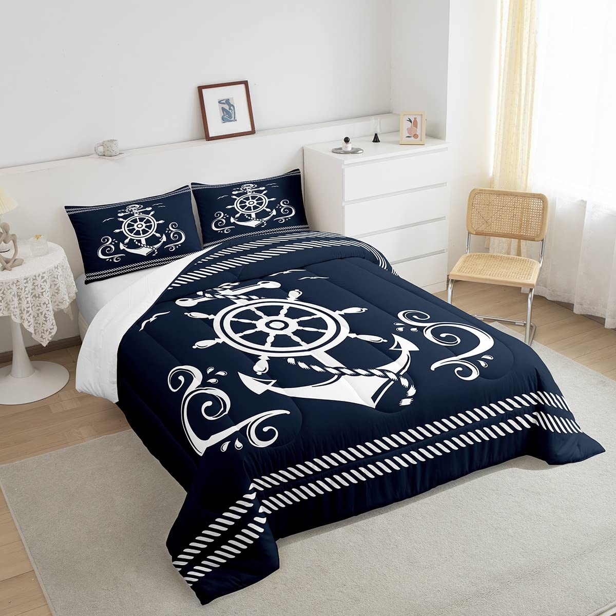 Erosebridal Nautical Anchor Bedding Set for Boys, Compass Adventure Comforter Set Coastal Compass Duvet Sets Ocean Sailboat Bedding Comforters for Kids Teens Adult Bedroom, Navy Blue(Queen Size)