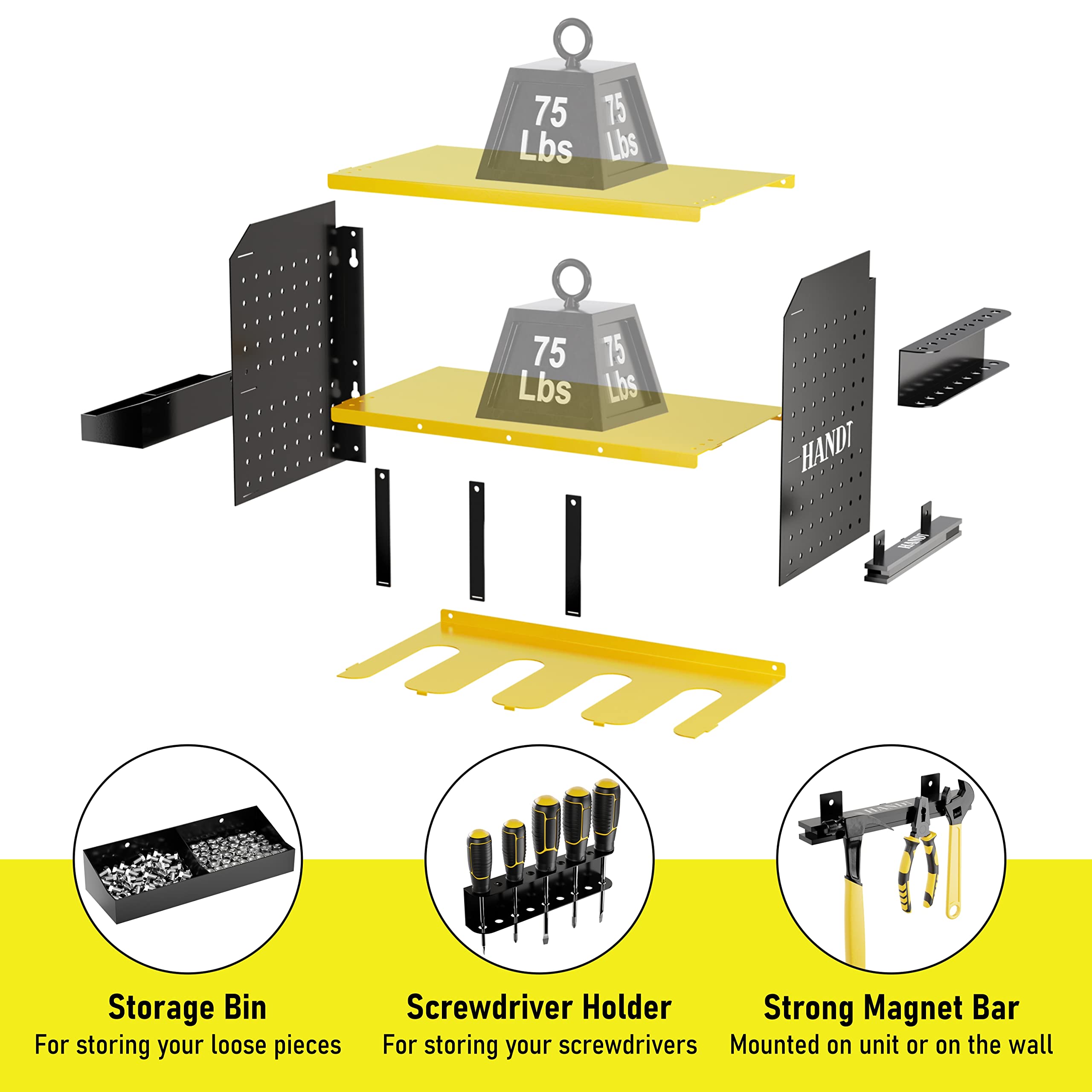 HANDT Power Tool Organizer, Wall Mount Drill Holder Garage Storage Rack, Pegboard Screwdriver Holder with Magnet Bar & Organization Bin, Cordless Drill Battery Charging Station Utility Shelf, Yellow