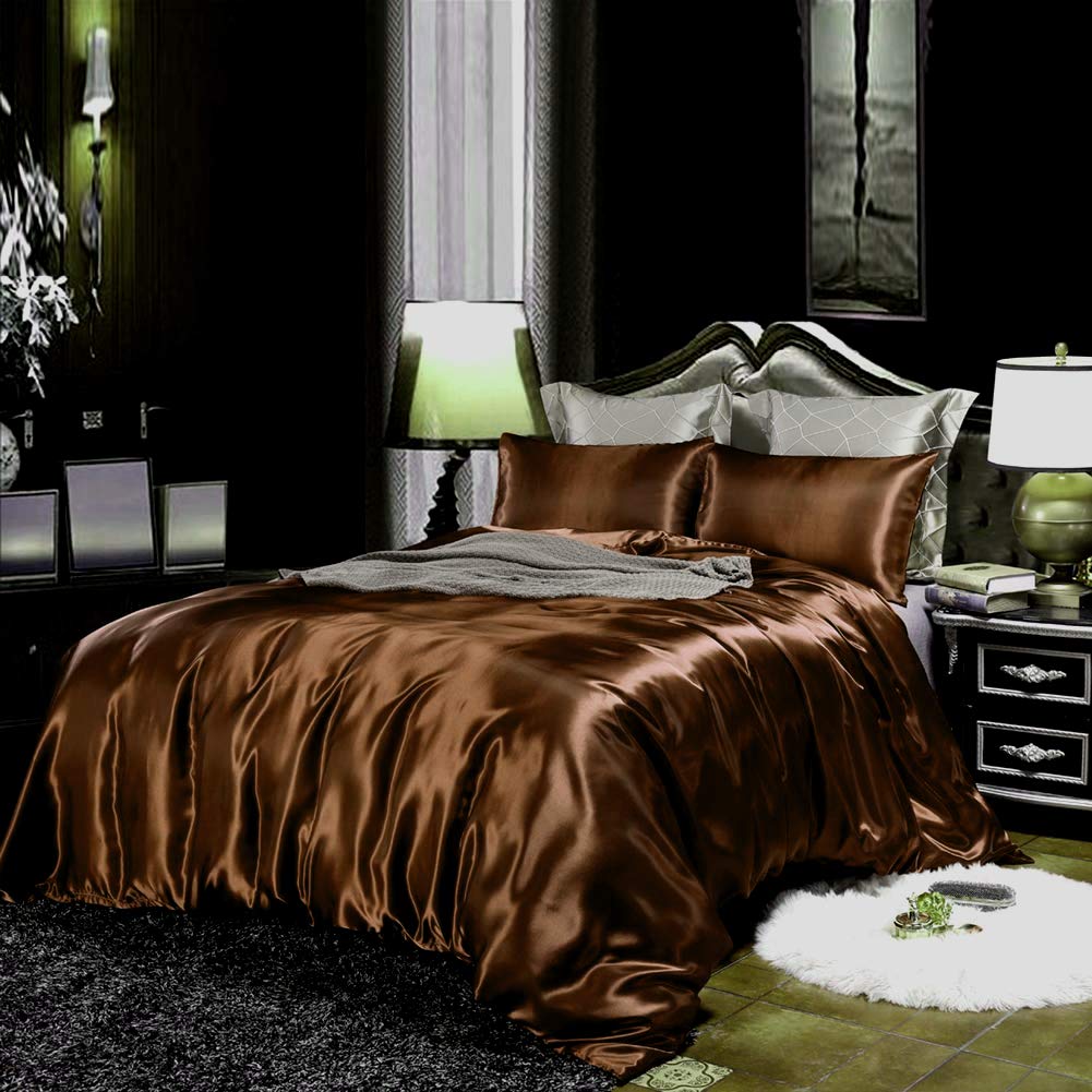 Opulence Bedding Silk Satin Duvet Cover Set Chocolate Oversized King 3 Piece (Duvet Cover + 2 Pillowcases) Comforter Cover Oversized King Size Zipper Closure