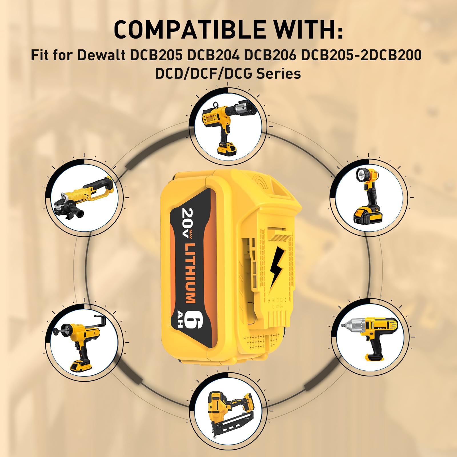 Zuliati 2PC DCB206 6.0Ah Battery Replacement for Dewalt 20V Battery DCB203 DCB206-2 DCB201 DCB204 Compatible with Dewalt 20 Volt Battery DCD985B DCD771C2 DCS355D1 Power Tools(Yellow)