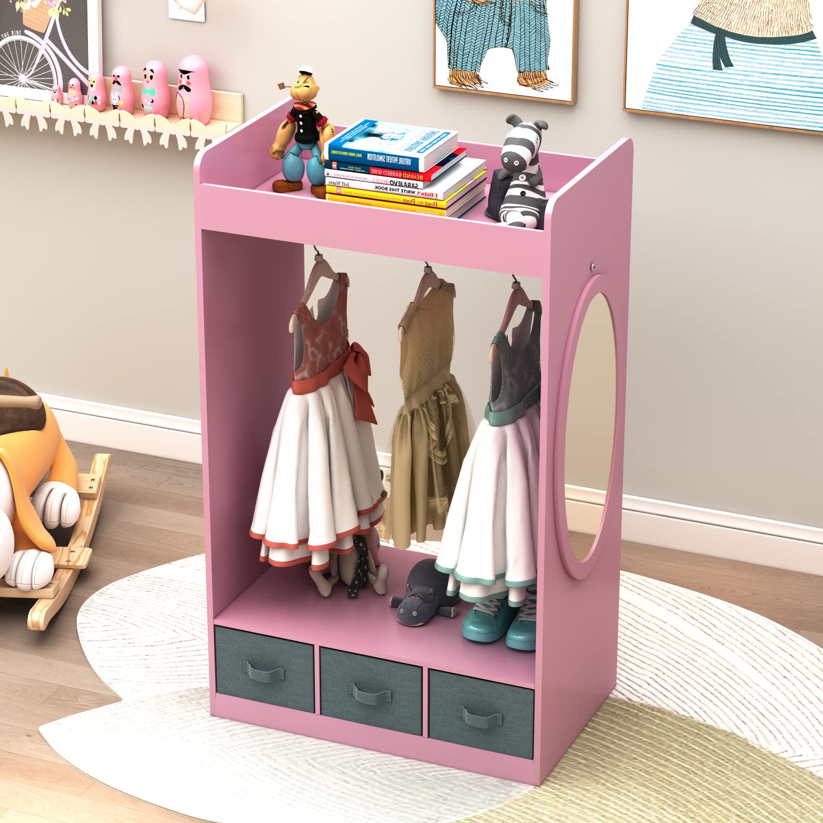 Guangshuohui Costume Organizer,Costume Rack, Dress up Storage with Mirror and Storage Bin,Open Hanging Play Armoire Dresser with Mirror,Pretend Storage Closet for,Costume Storage Dresser-Pink