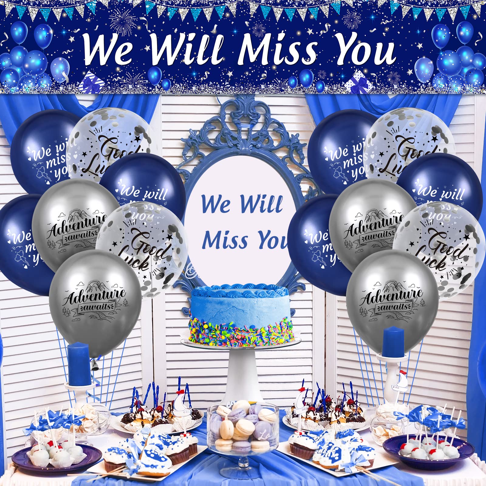 Blue We Will Miss You Party Decorations Navy Blue Silver We Will Miss You Banner and 18Pcs Good Luck We Will Miss You Balloons for Farewell Going Away Retirement Graduation Goodbye Party