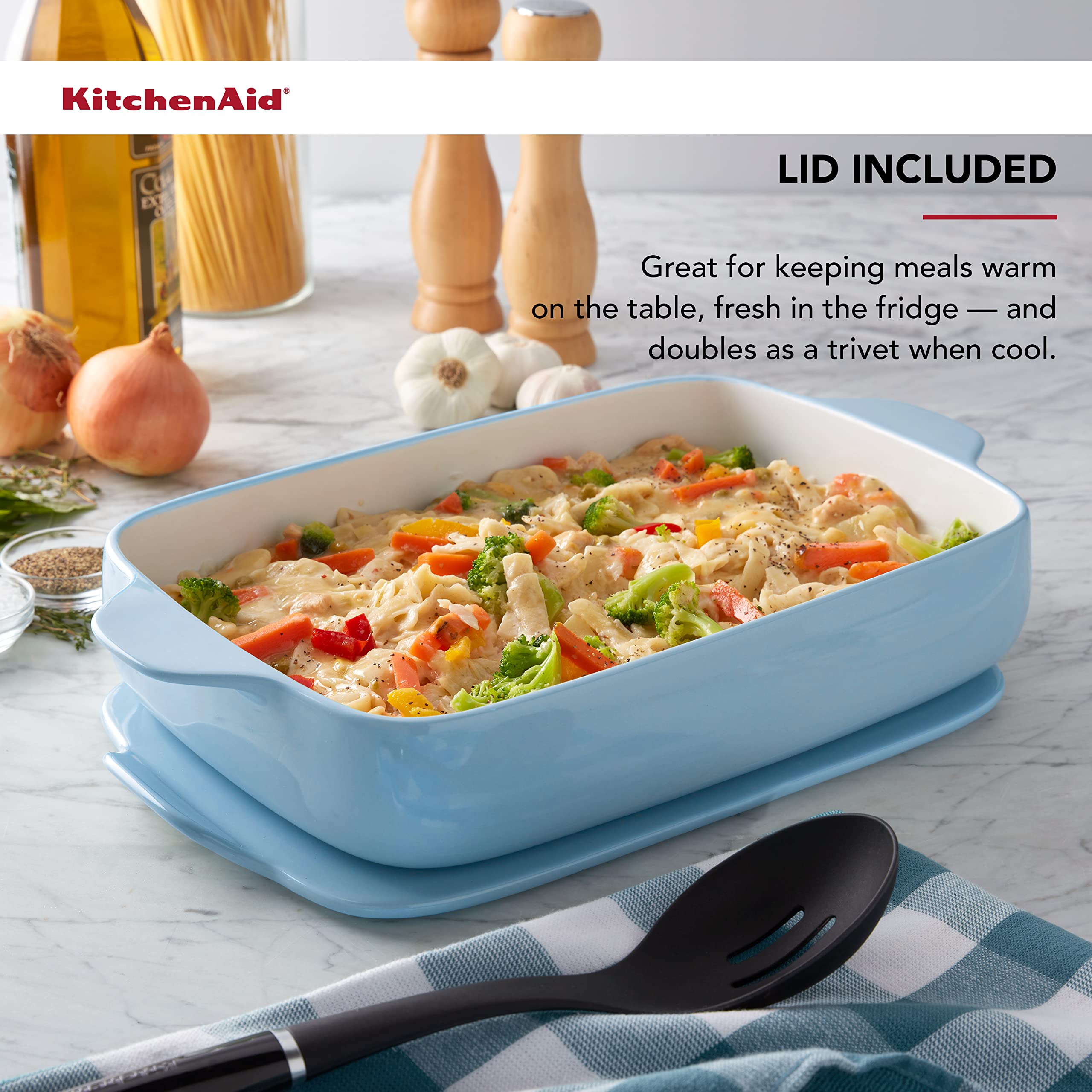 KitchenAid Rectangular Baker with Lid Vitrified Stoneware, 9in 13in 2.5in, Blue Velvet