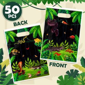 BkeeCten 50Pcs Reptile Swamp Party Favor Bags Lizard Snake Goody Candy Treat Bags Plastic Wildlife Alligator Turtle Jungle Animal Gift Goodie Bag for Kids Reptile Swamp Birthday Baby Shower Supplies