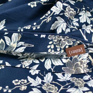 Eastern Floral Chinoiserie Blossom Print Duvet Quilt Cover Navy Blue Tan White Asian Style Botanical Tree Branches Ornamental Drawing 400TC Egyptian Cotton Bedding Set (Navy, Super King)