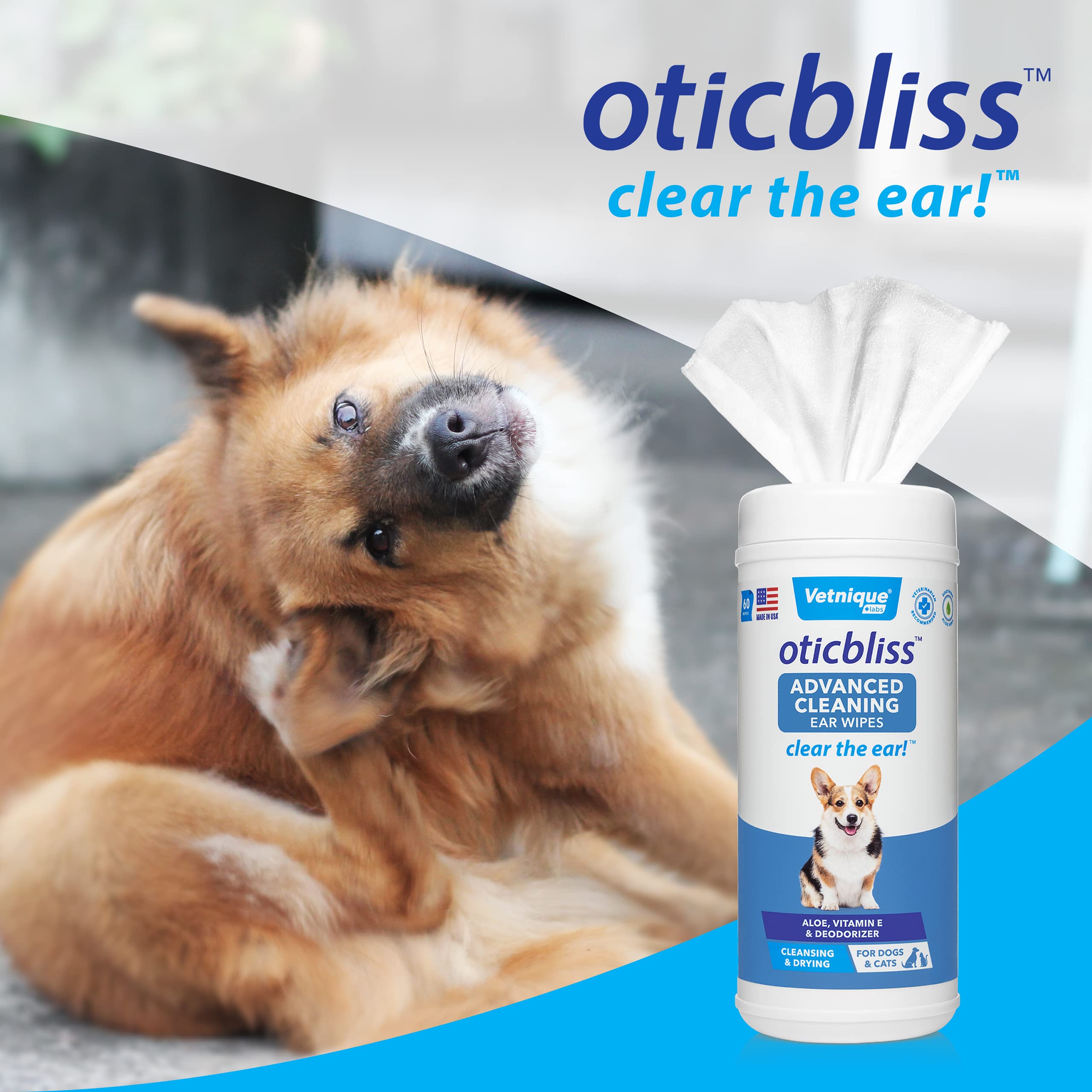 Oticbliss Advanced Cleaning Wipes XL (60 Ct) and Oticbliss Advanced Cleaning Flush (8 oz) Bundle Complete Dog Ear Care with Dog Ear Cleaning Wipes Plus Ear Cleaning Solution for Dogs