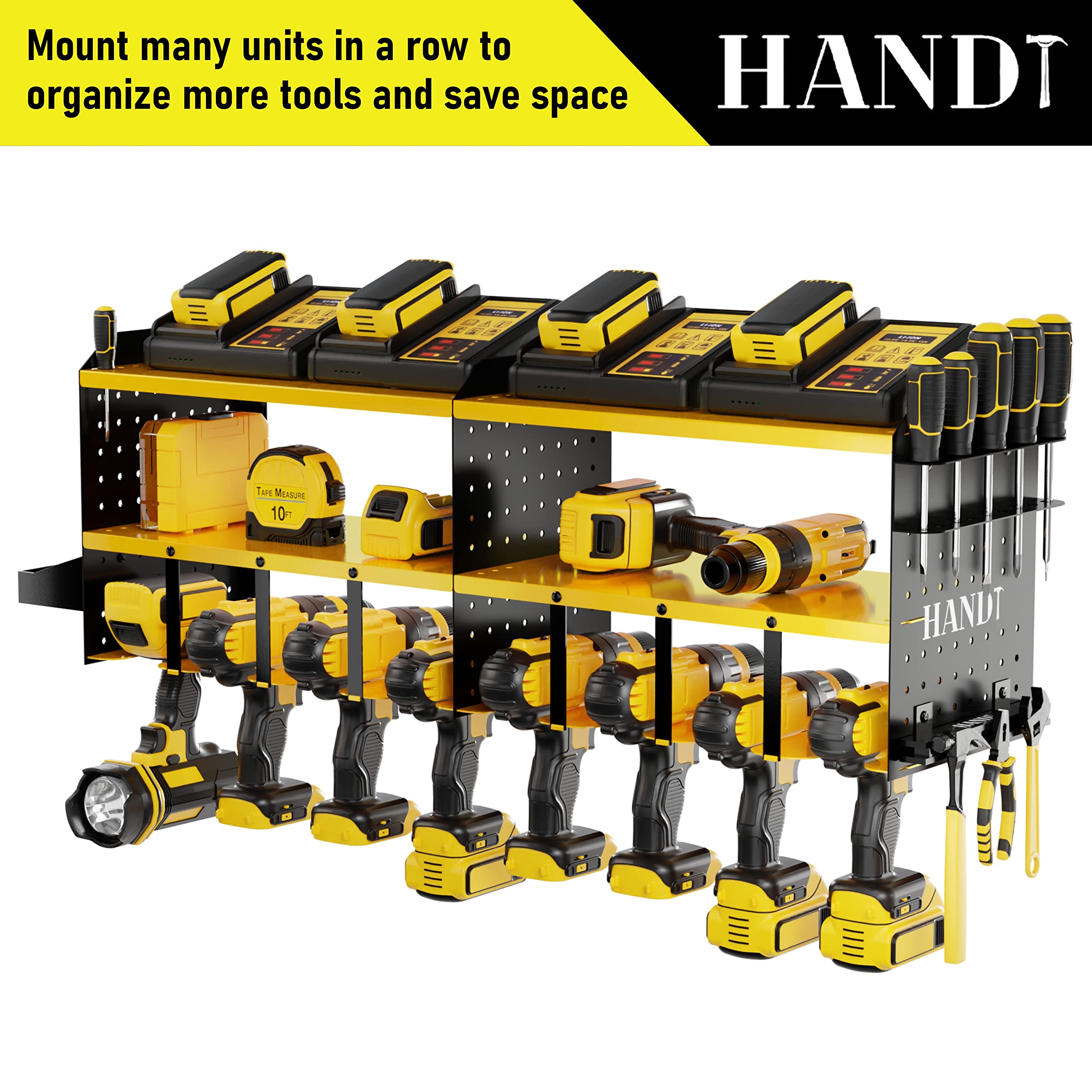 HANDT Power Tool Organizer, Wall Mount Drill Holder Garage Storage Rack, Pegboard Screwdriver Holder with Magnet Bar & Organization Bin, Cordless Drill Battery Charging Station Utility Shelf, Yellow