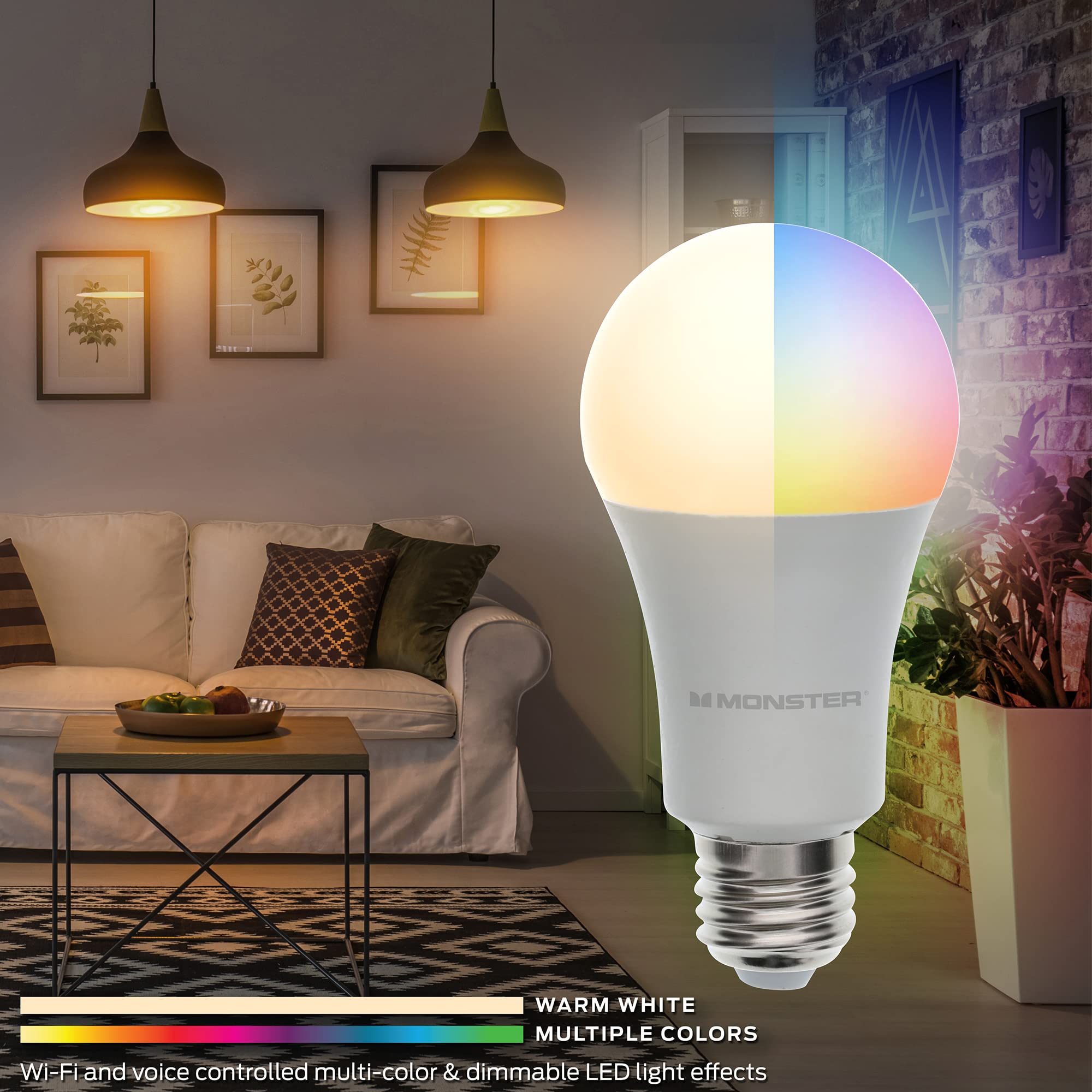 Monster Multi-Color and Warm-White LED Light Bulb, 16,000,000 Lighting Possibilities, Customizable with App, Compatible with Alexa/Siri/Google Assistant, Wi-Fi Enabled, 2-Pack, 9 Watt