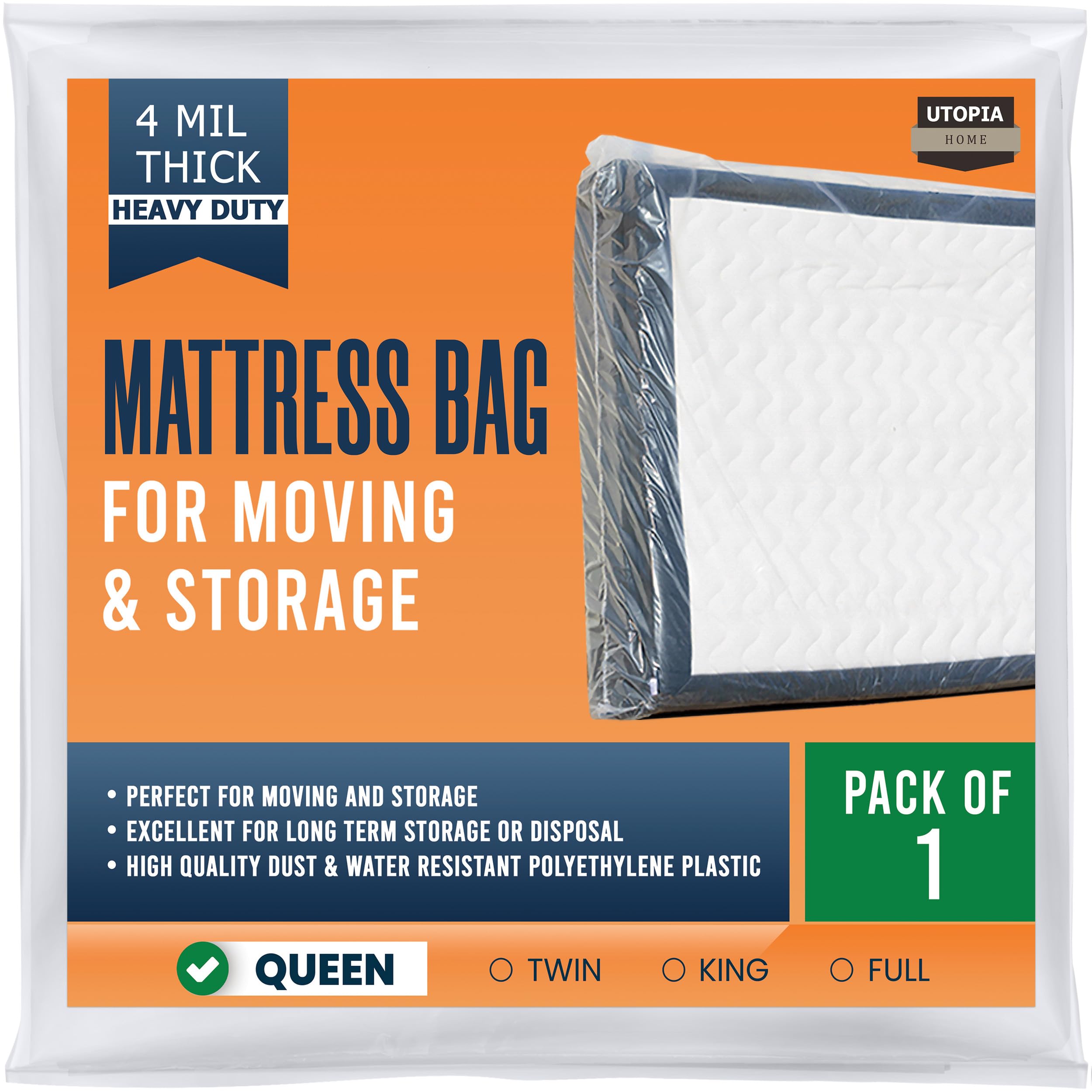 Utopia Home Queen Size Mattress Bag for Moving (1 Pack), 4 Mil Heavy Duty Plastic Storage Bag, Mattress Cover Fits Mattresses up to 14 Inches