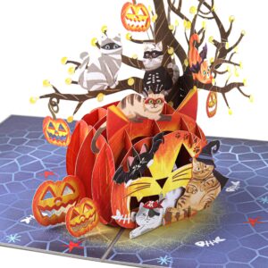 Liif Pumpkin Cats 3D Greeting Pop Up Halloween Card, Funny Halloween Card For Cat Lover, Kids, Cute, with Message Note & Envelop, Large Size 8 x 6 inch