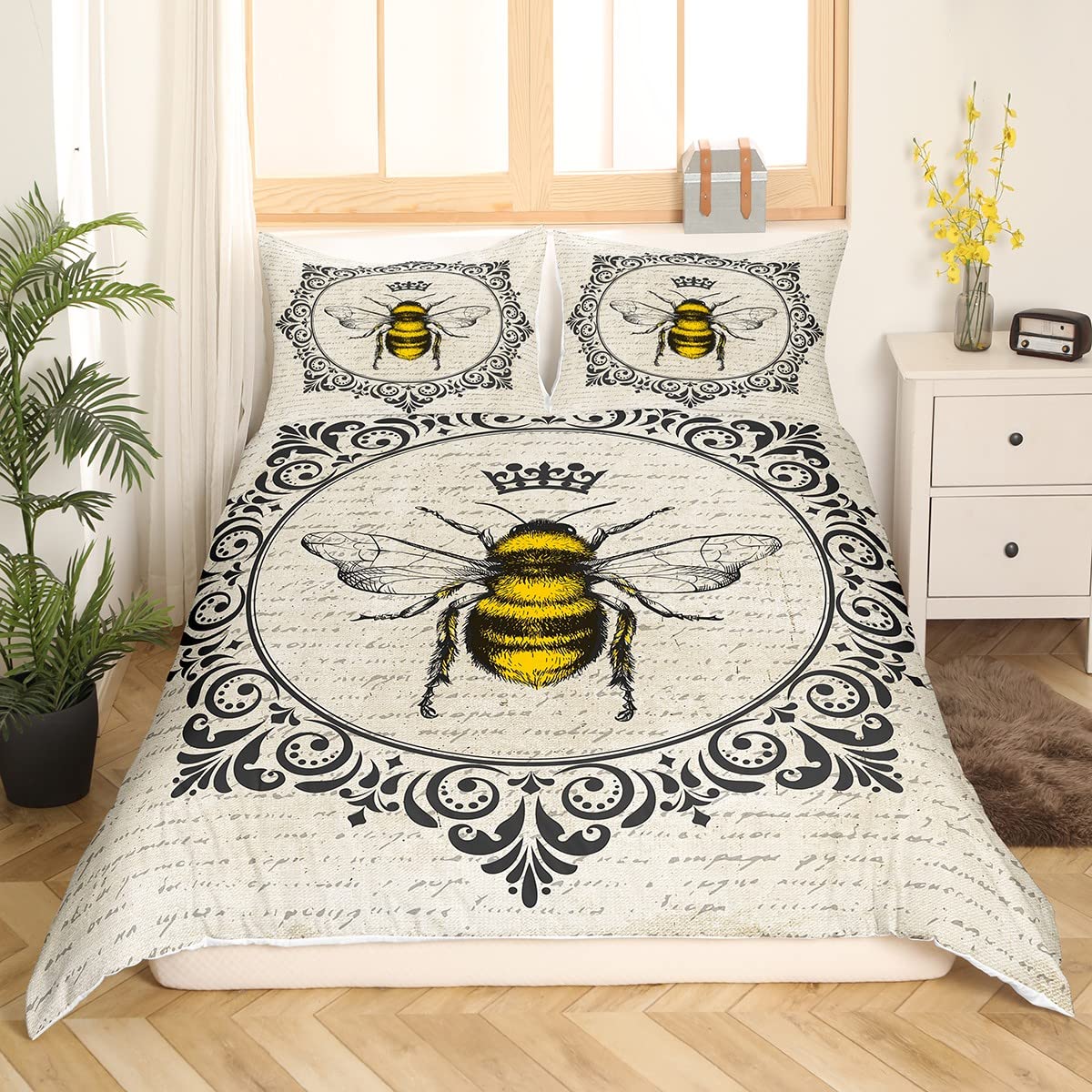 Erosebridal Sweet Honey Bee Bedding Sets Queen Cute Kawaii Animal Comforter Cover Retro Vintage Style Bed Sets 70S 80S Grunge Duvet Cover Old Newspaper Print Quilt Cover Breathable 3pcs