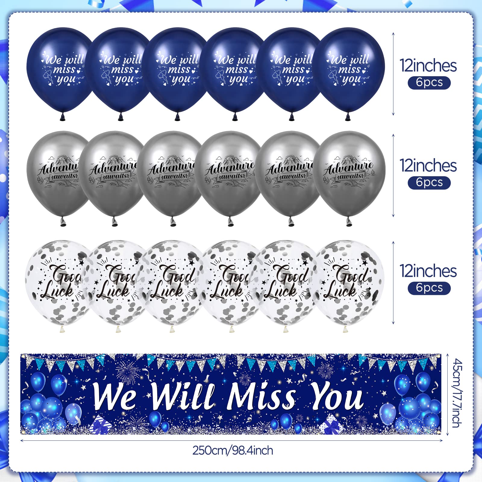 Blue We Will Miss You Party Decorations Navy Blue Silver We Will Miss You Banner and 18Pcs Good Luck We Will Miss You Balloons for Farewell Going Away Retirement Graduation Goodbye Party