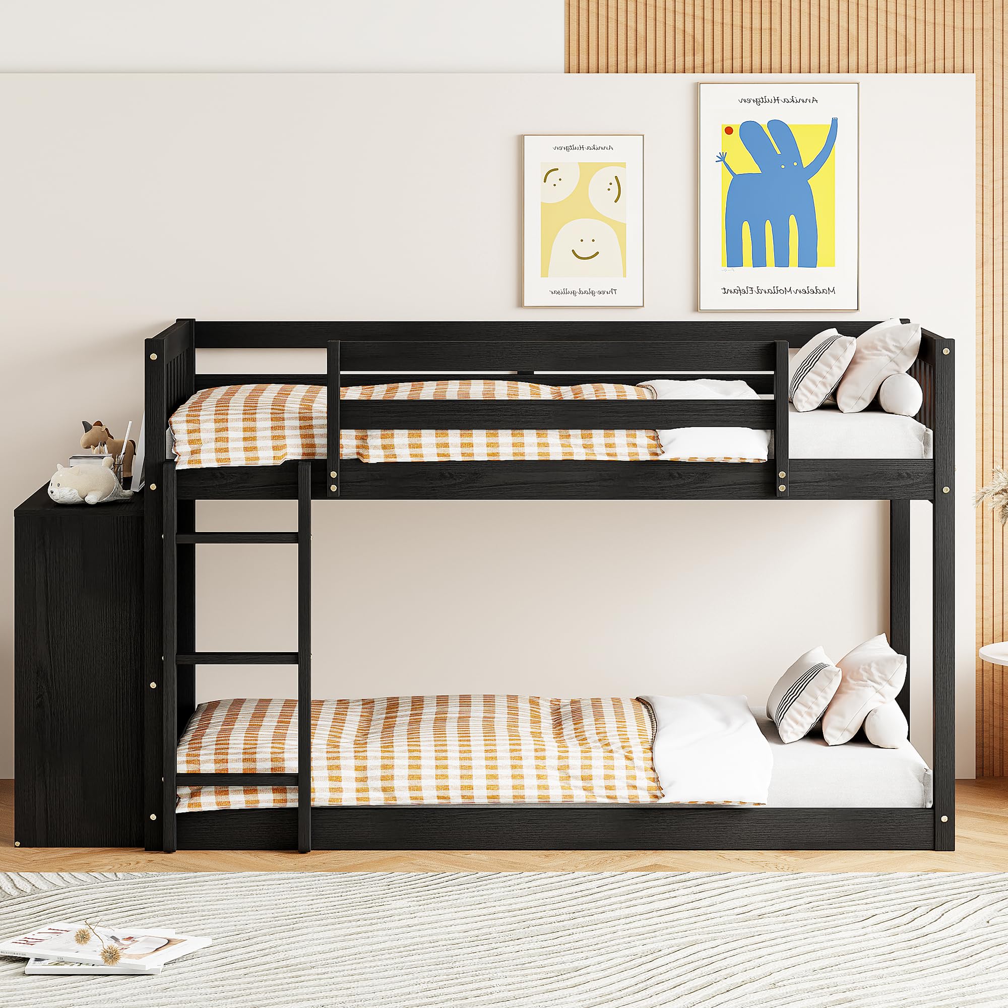 Harper & Bright Designs Twin Over Twin Low Bunk Bed with Storage,Floor Bunk Bed Frame with 4 Drawers and 3 Shelves, Solid Wood Loft Bed for Kids Girls Boys - Espresso