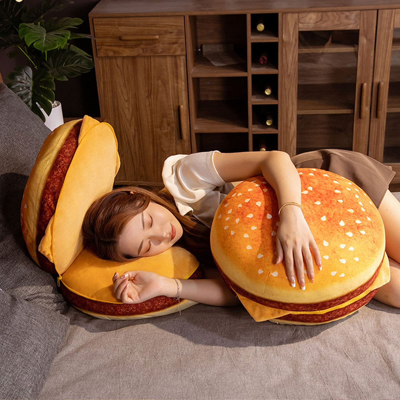 LAUPVXA Large 3D Simulation Hamburger Pillow, Funny Plush Cheese Burger Pillow, Cartoon Creative Food Pillow, Soft Stuffed Hamburger Plush Toy Back Cushion Home Decor Gifts (C)