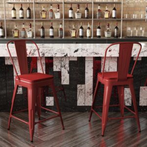 Flash Furniture Kai Commercial 24" High Indoor-Outdoor Counter Height Stool - Red Galvanized Steel Frame - Red Square All-Weather Poly Resin Seat - Removable Back