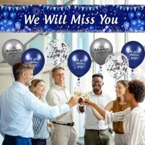 Blue We Will Miss You Party Decorations Navy Blue Silver We Will Miss You Banner and 18Pcs Good Luck We Will Miss You Balloons for Farewell Going Away Retirement Graduation Goodbye Party