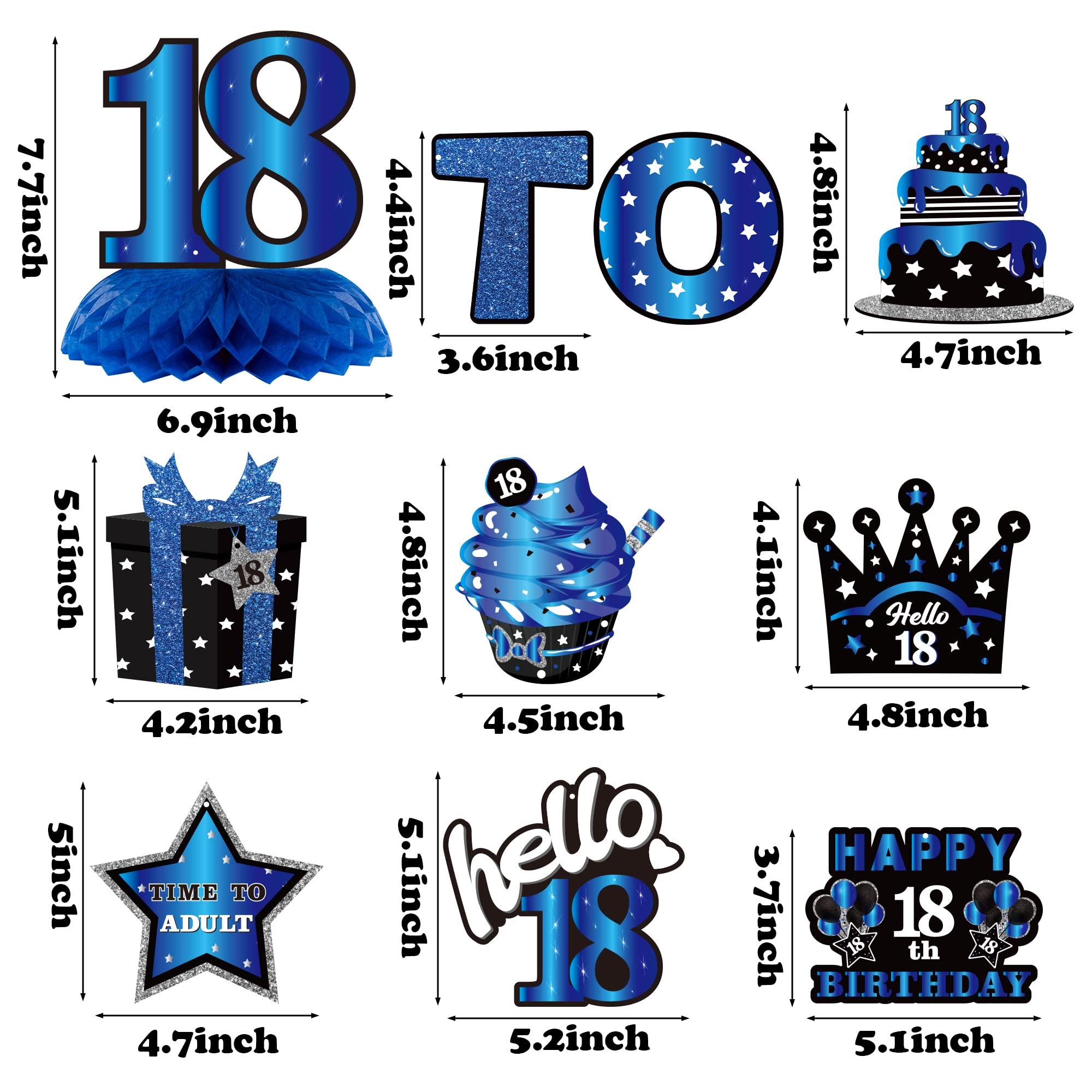 WATINC 26pcs 18th Blue Black Birthday Banner Party Decorations Set, Time To Adult 18 Birthday Decorations Hanging Swirls Banner Honeycomb Centerpieces for Boys Girls Happy 18 Bday