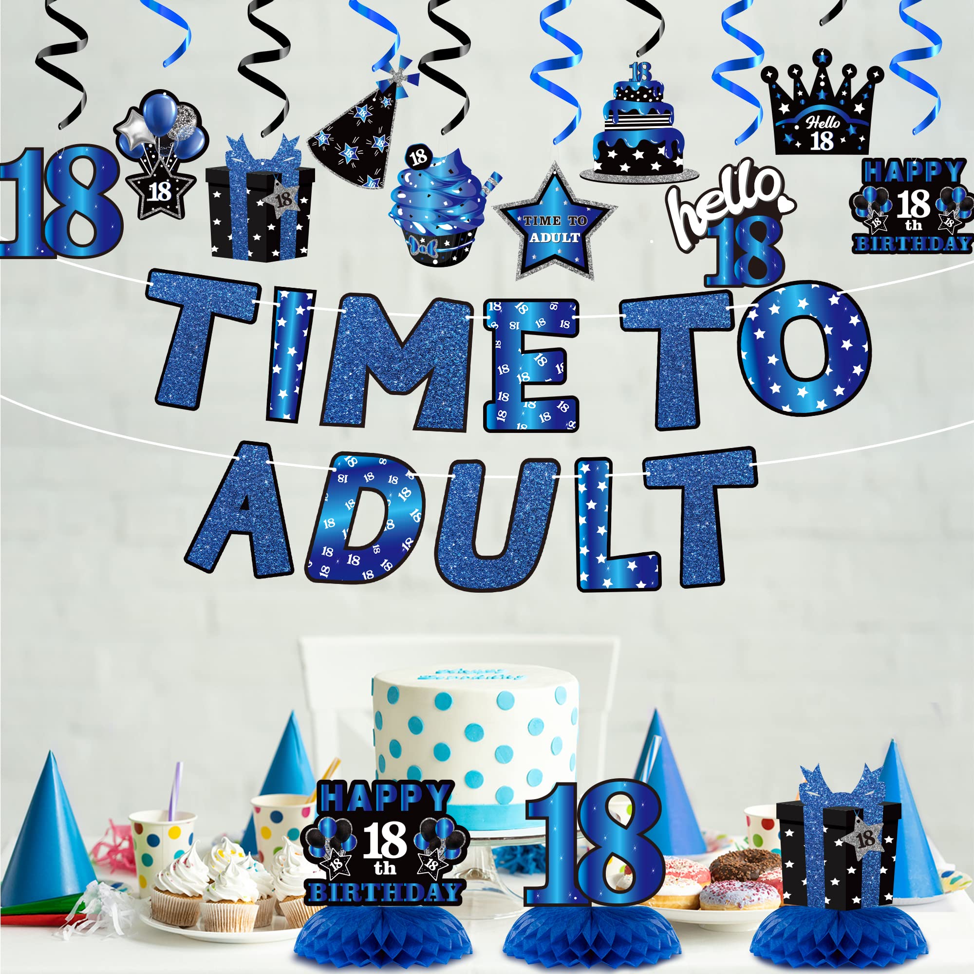 WATINC 26pcs 18th Blue Black Birthday Banner Party Decorations Set, Time To Adult 18 Birthday Decorations Hanging Swirls Banner Honeycomb Centerpieces for Boys Girls Happy 18 Bday