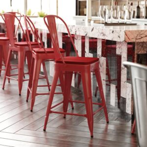 Flash Furniture Kai Commercial 24" High Indoor-Outdoor Counter Height Stool - Red Galvanized Steel Frame - Red Square All-Weather Poly Resin Seat - Removable Back