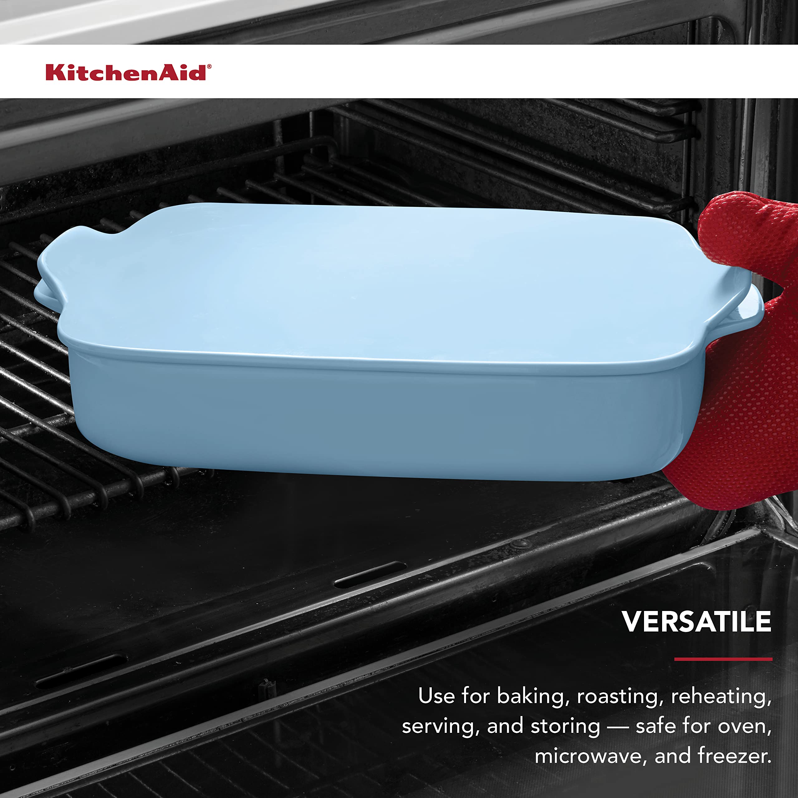 KitchenAid Rectangular Baker with Lid Vitrified Stoneware, 9in 13in 2.5in, Blue Velvet