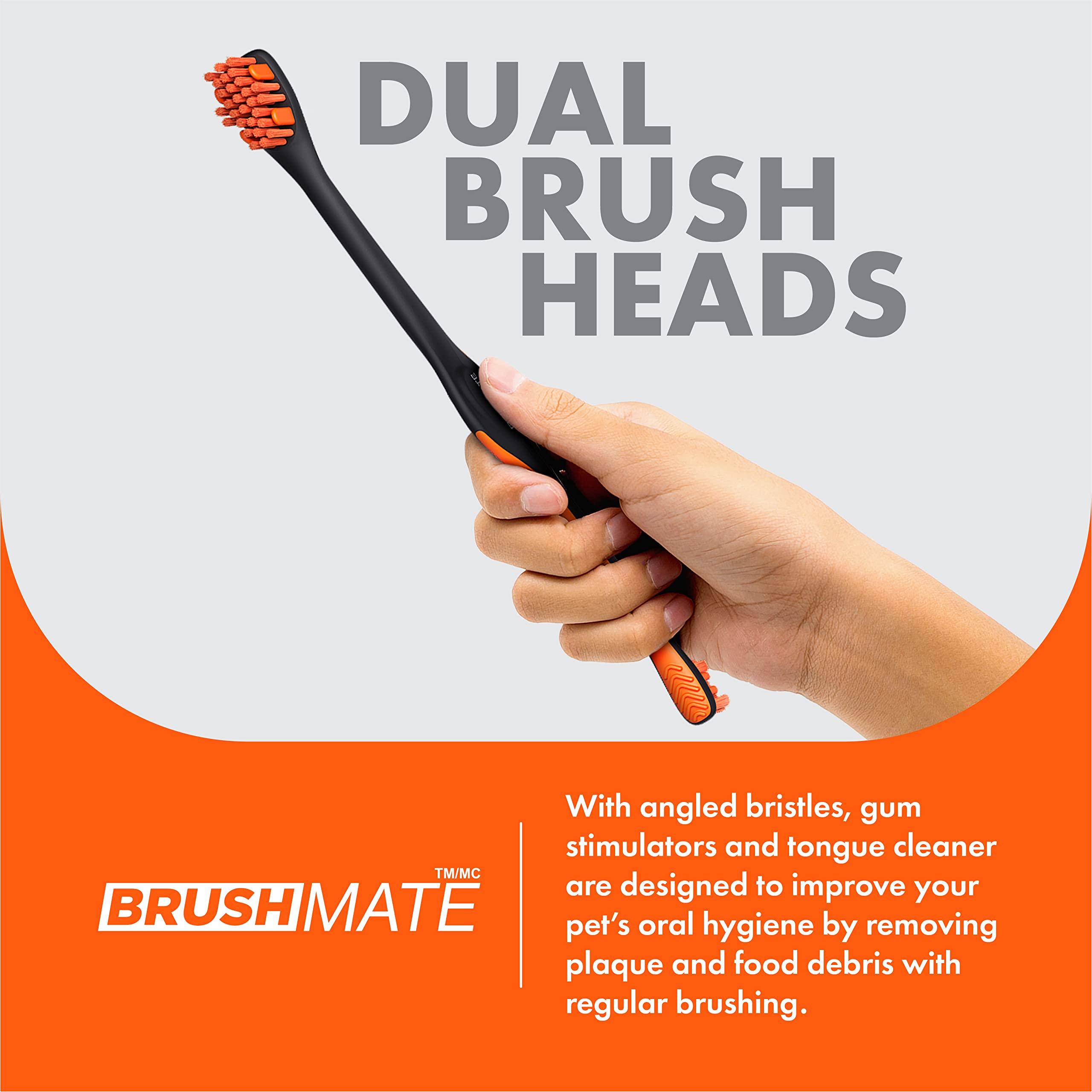 Brushmate Dog Toothbrush for Pet Puppies Dogs and Cats Dual Size Angled Soft Brush Heads, Ergonomic Handle with a Flat Center That enhances Grip Control