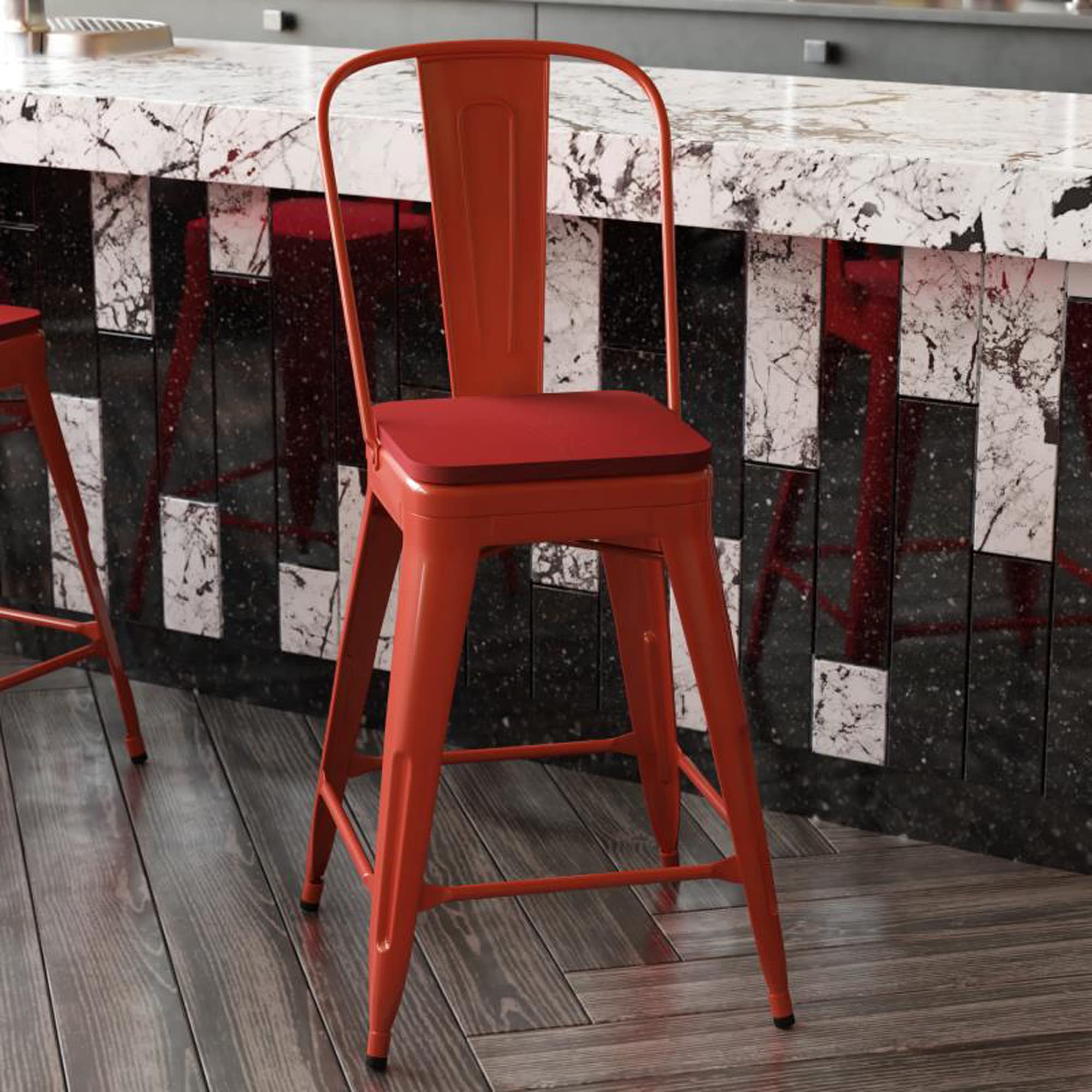 Flash Furniture Kai Commercial 24" High Indoor-Outdoor Counter Height Stool - Red Galvanized Steel Frame - Red Square All-Weather Poly Resin Seat - Removable Back