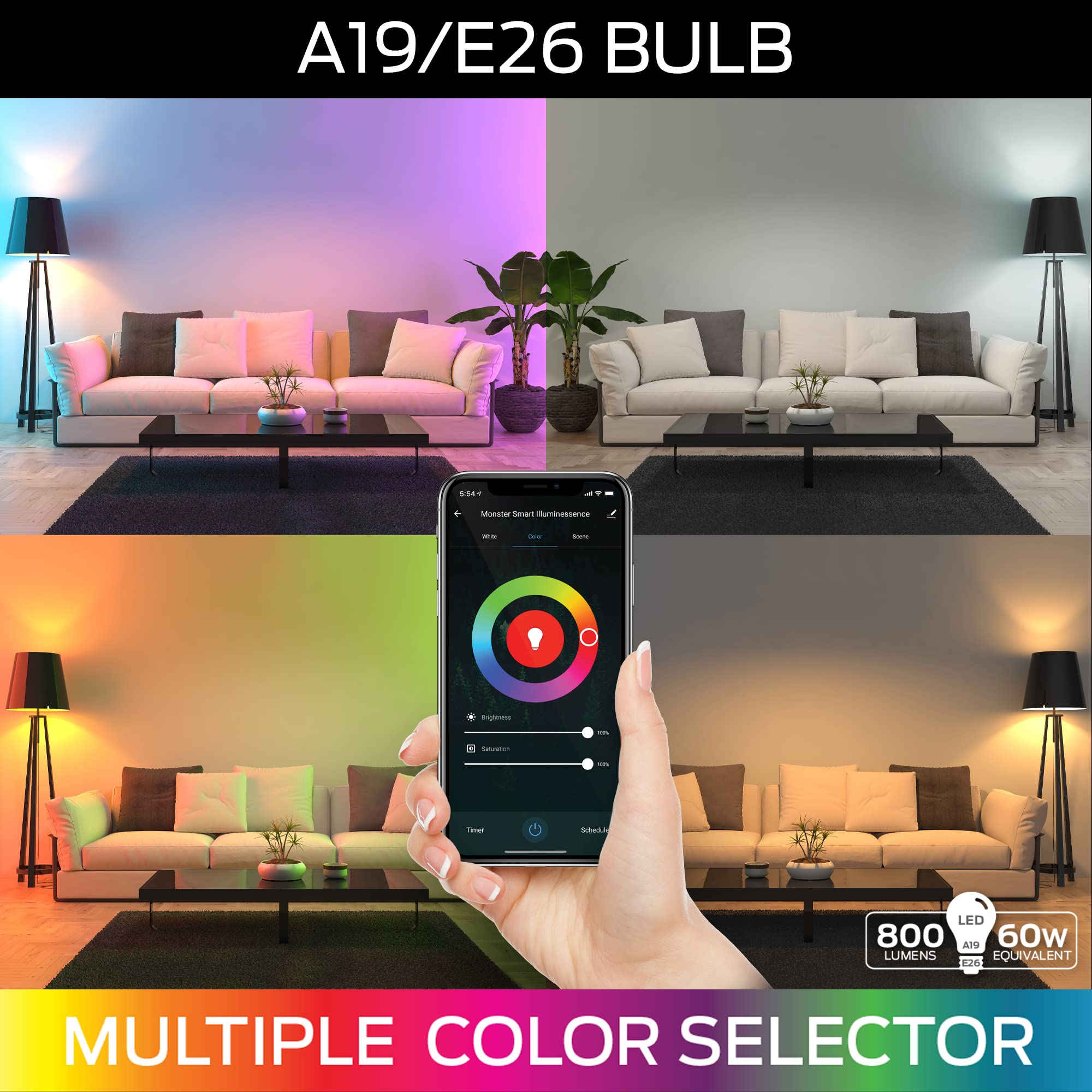 Monster Multi-Color and Warm-White LED Light Bulb, 16,000,000 Lighting Possibilities, Customizable with App, Compatible with Alexa/Siri/Google Assistant, Wi-Fi Enabled, 2-Pack, 9 Watt