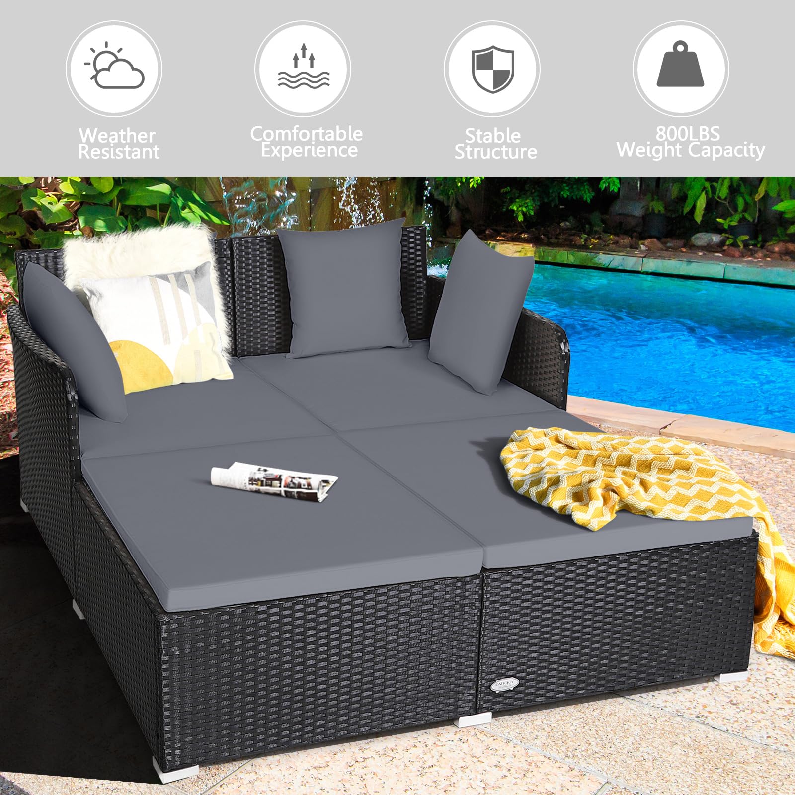 HAPPYGRILL Outdoor Rattan Daybed Patio Loveseat Sofa Set with Padded Cushion Pillows and Sturdy Aluminum Foot Wicker Patio Furniture for Garden Porch Poolside